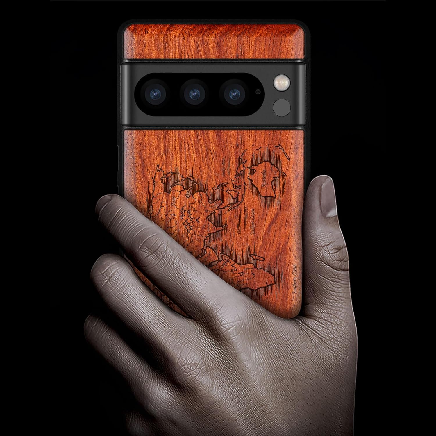 Carveit Wood Case for Pixel 8 Pro Case [Natural Wood & Black Soft TPU] Shockproof Protective Unique Wooden Cover Compatible with Google Pixel 8 Pro (Compass Maps-Rosy)