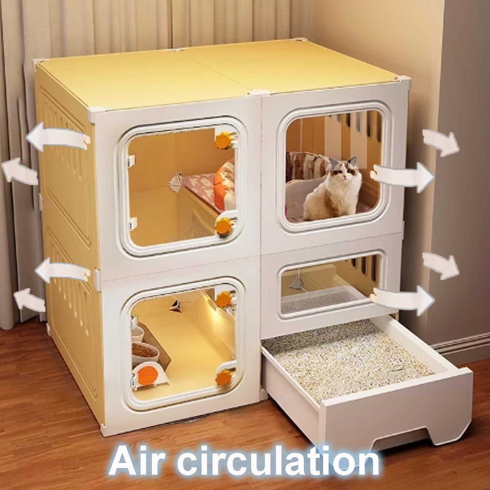 Cage Chat, Maison Chat Interieur, Caisse de Transport for Chat, Cabane Chat avec Serrure Anti-évasion et Bac à Litière Fermé for Petits Animaux(106x46.5x106cm)