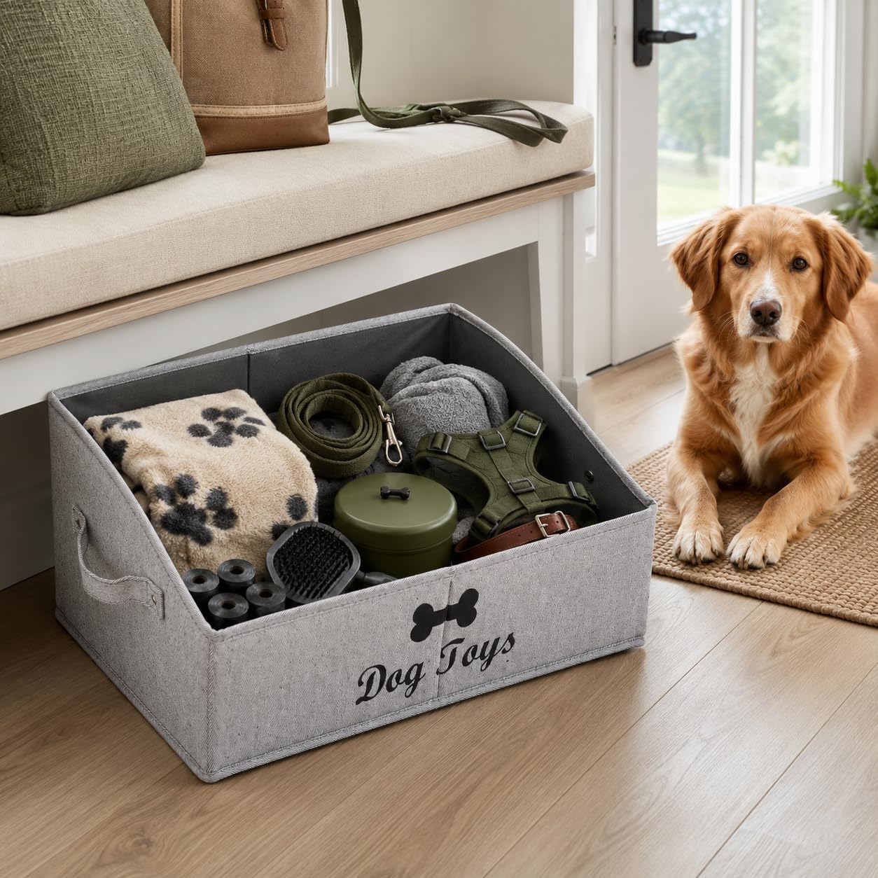 Geyecete Foldable Fabric Dog Toy Storage Box - Collapsible Basket with Handle, Organizer for Large Dog Toys (Slub Gray-DOG)