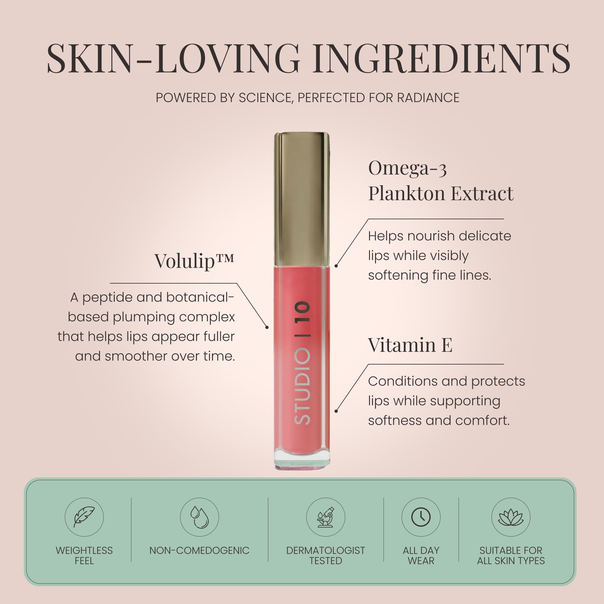Studio10 Lip Perfecting Plumping Gloss mit Hyaluronsäure, nicht klebriger Lipgloss, um Feuchtigkeit zu spenden und Volumen zu verleihen, geeignet für fein linierte, reife oder trockene Lippen, mit