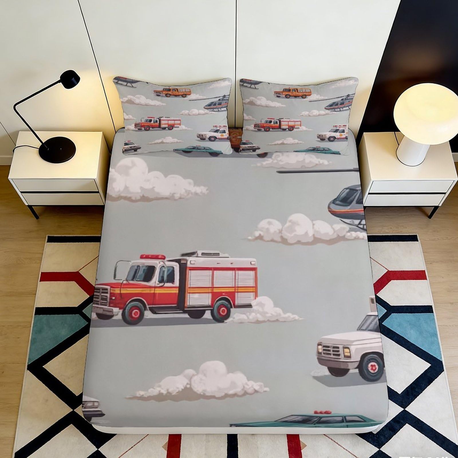3D Printed Fire Truck Fitted Sheet Microfiber Soft Grey Cartoon Vehicle Mattress Cover for Bedroom Guest Room Decor 90x200x25cm