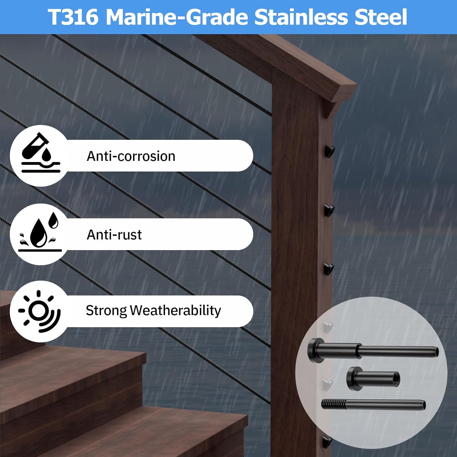 50 Pack 1/8" T316 Stainless Steel Invisible Cable Railing Kit, Deck Railing Kit Swage Stud End for Wood Metal Post, Deck, Stair, Black Cable Railing Hardware