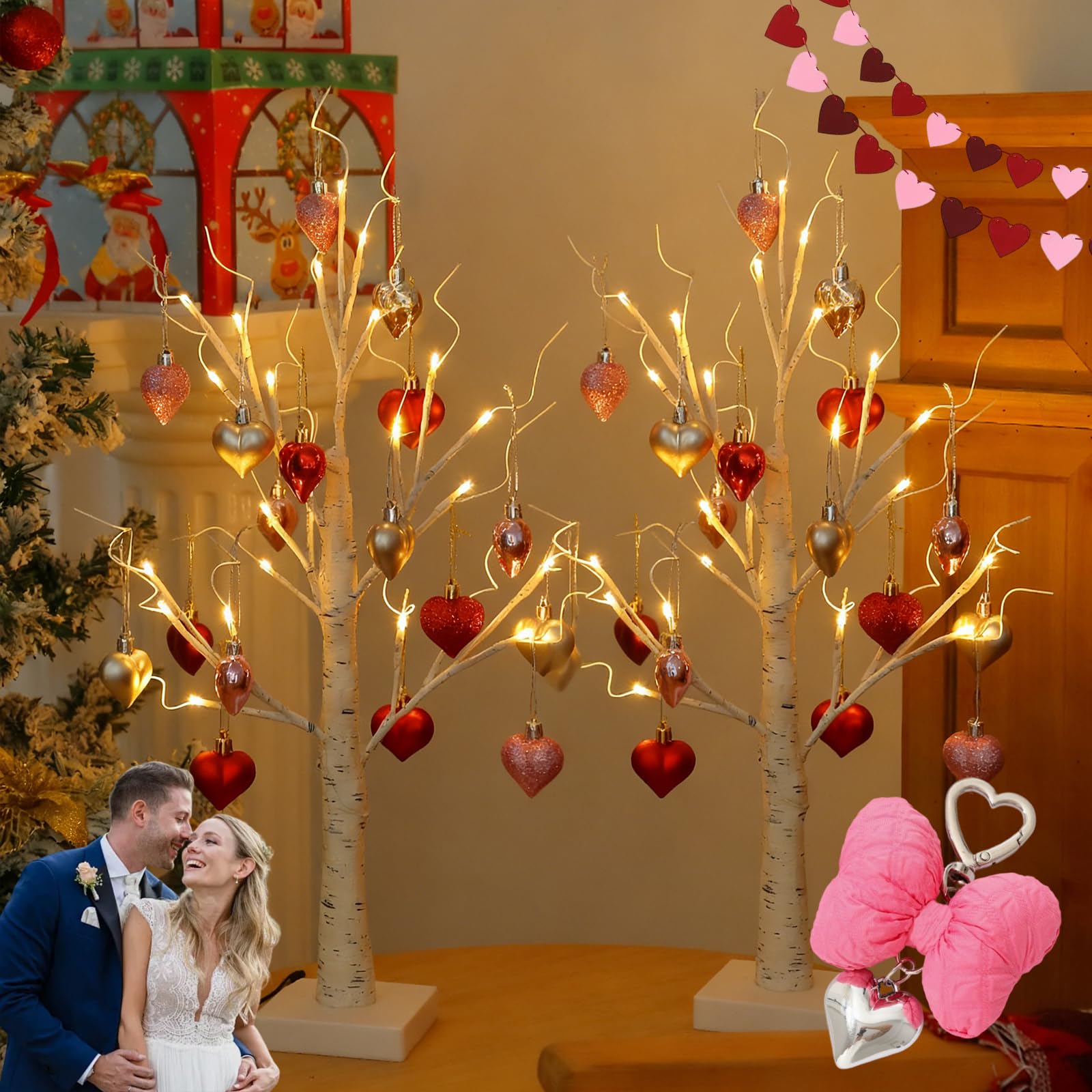 Romantic Heart-Shaped Birch Tree Lamp, 24 Inch Artificial Valentines Day Lighted White Birch Tree with LED Hanging Hearts, Tabletop Pre Lit Tree Lights for Home Valentine Wedding Decor (2PCS A#)