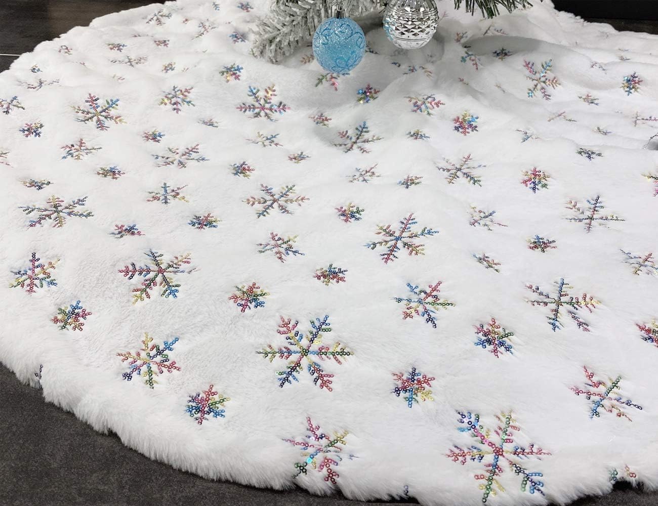 Coperta per albero di Natale, in peluche, bianca, rotonda, per albero di Natale, con fiocco di neve, per albero di Natale, vacanze, feste, decorazioni per pavimenti, 150 cm