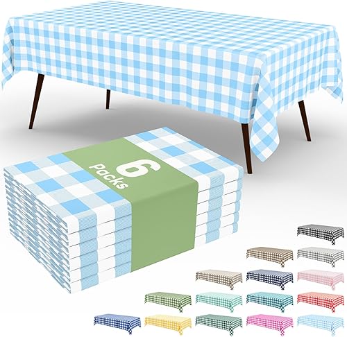 Vista 151 de Smiry Paquete de 10 Manteles Desechables de Cuadros Vichy Azules - 54" x 108" Mantel de Plástico de Servicio Pesado, Cubiertas de Mesa Impermeables