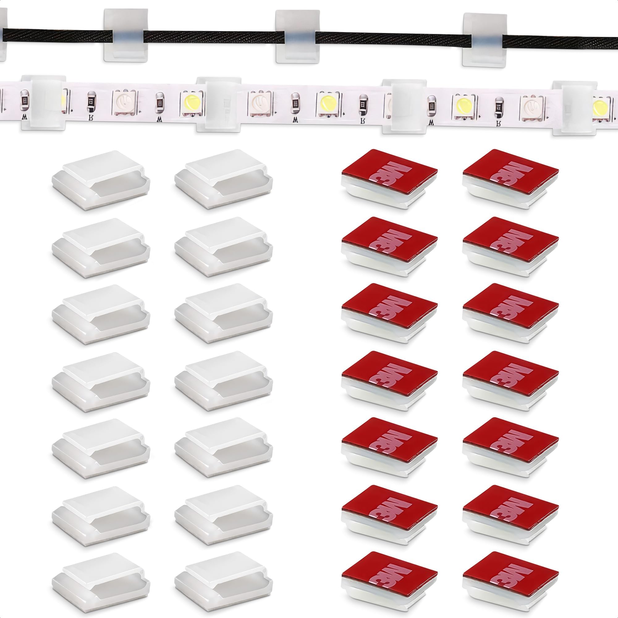 LED Light Strip Cable Clips - 100 Pcs Adhesive Wall Mounting Brackets and Wire Holders for 8mm, 10mm, 12mm LED Strips, Holiday Lights and Decor – Easy to Install Organizer Clamps and Hooks for Home