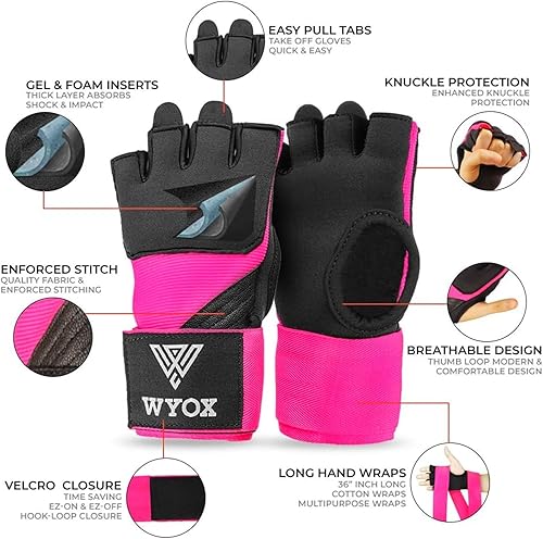 Miniatura 2 de WYOX Guantes interiores de boxeo de gel para hombres y mujeres, correas de muñeca rápidas de 31.5 in, protección acolchada para nudillos para Muay