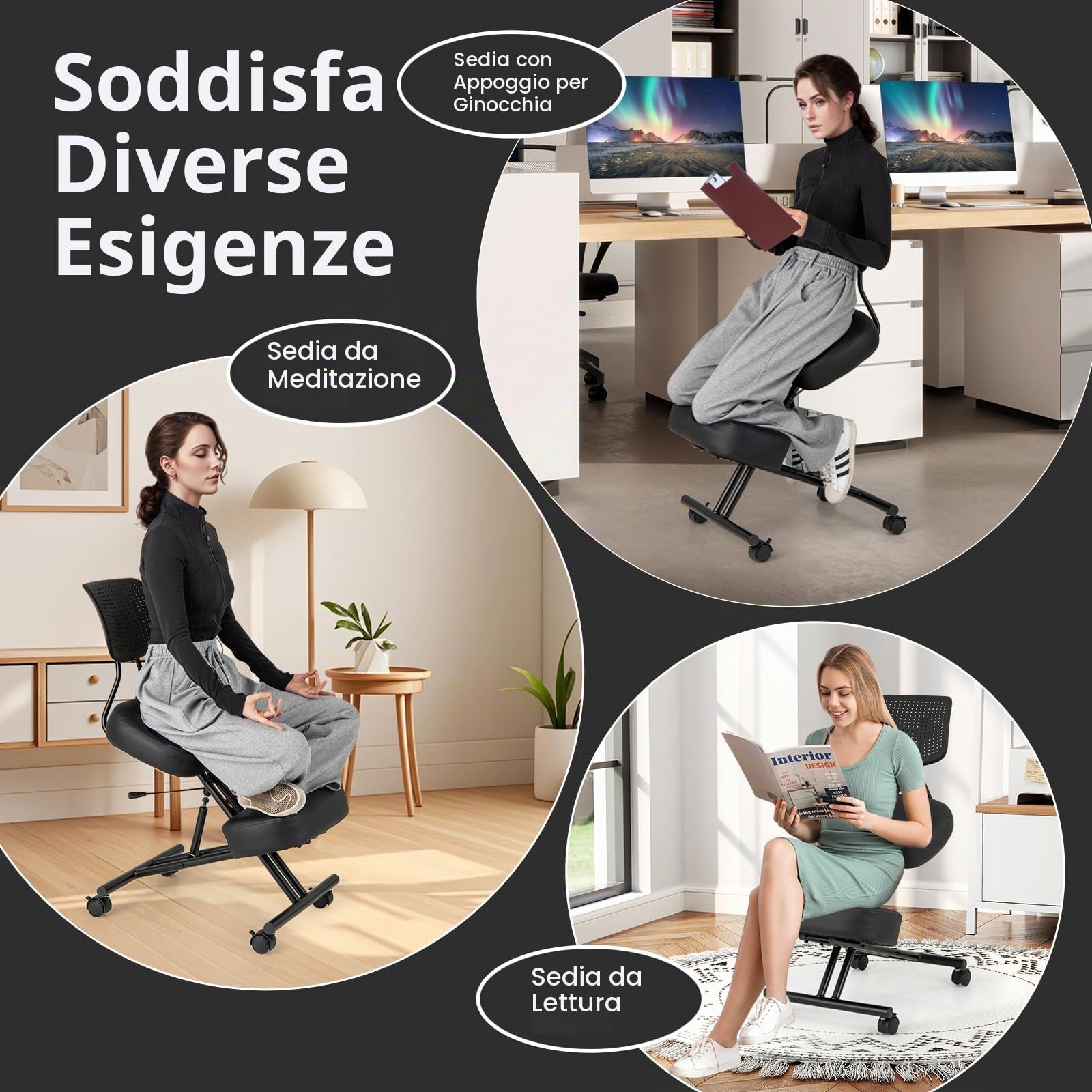 HOMASIS Sedia Posturale con 4 Ruote e Freni, Sgabello Ergonomico con Regolabile in Altezza, Sedia Inginocchiata e Ortopedica con Cuscino Spesso per Casa e Ufficio, Nero (84,5 x 46 x 87 cm)