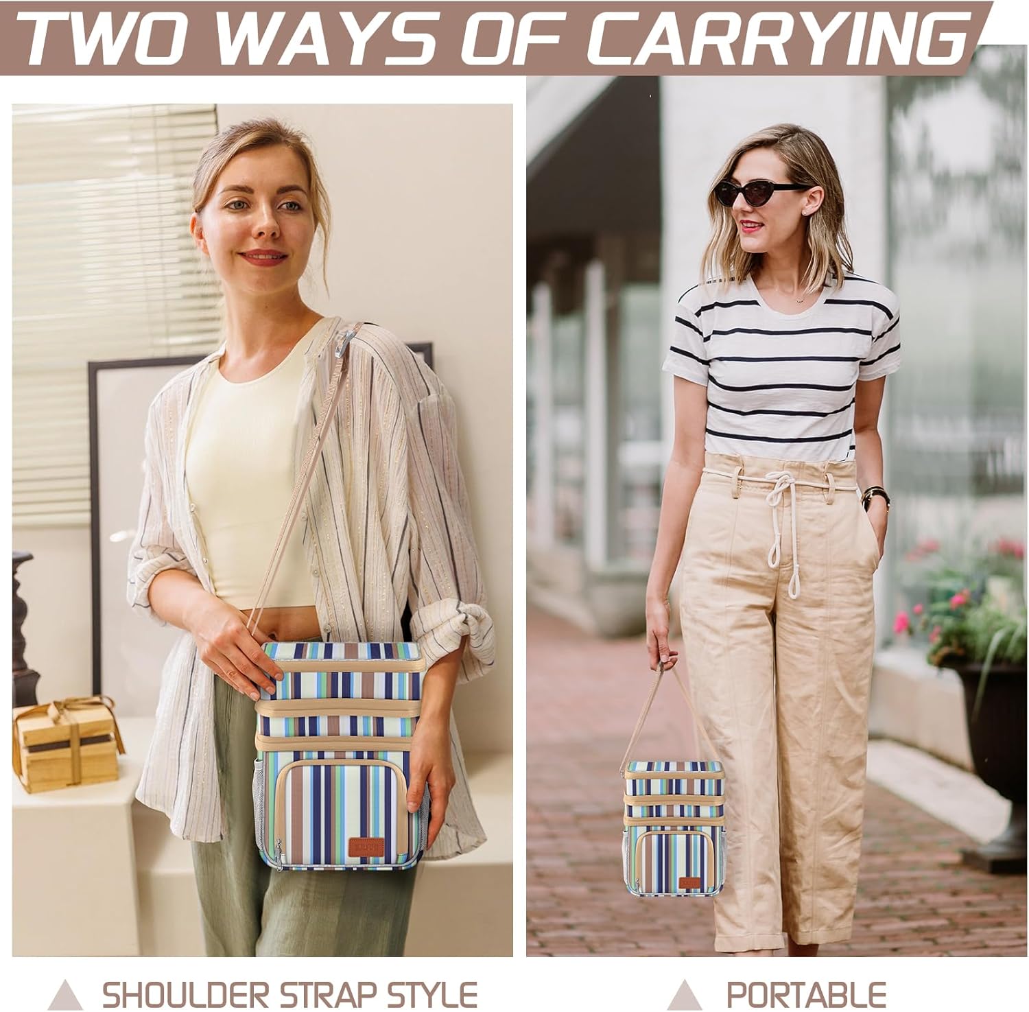 Insulated Lunch Bag for Women Men, Reusable 3 Layers Lunch Box Women, Expandable Reusable Water-resistant Lunch Box for Work Travel Office Picnic Hiking (Stripe) - Image 6