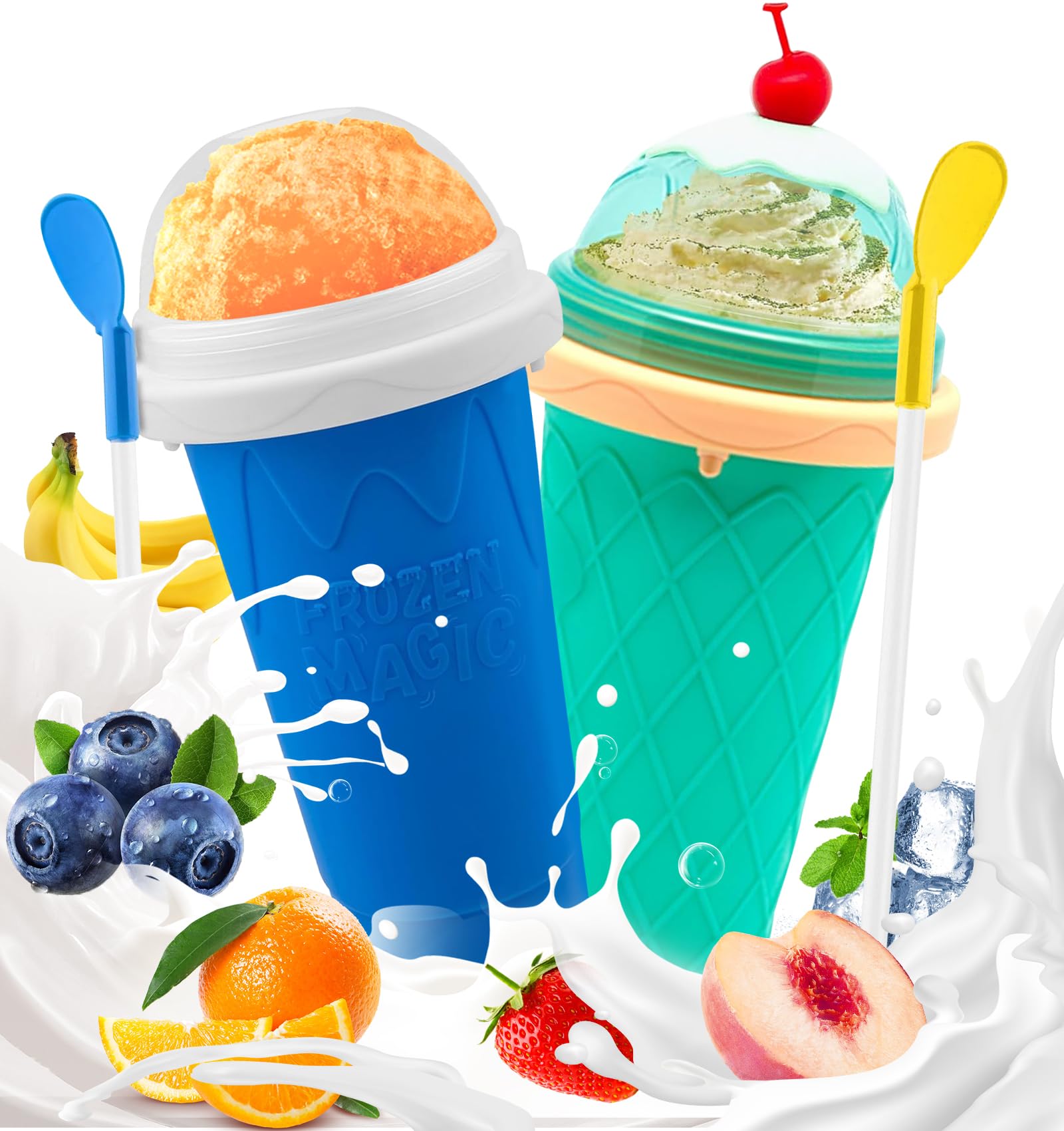 FANS-ONE Slushie Cup, 2 Pack Slushy Maker Cup, DIY Frozen Magic Squeeze Cups with Lid &amp; Straw for Juice Milk Yogurt Smoothie, Cool Stuff Things for Kids Friends (Blue+Green)