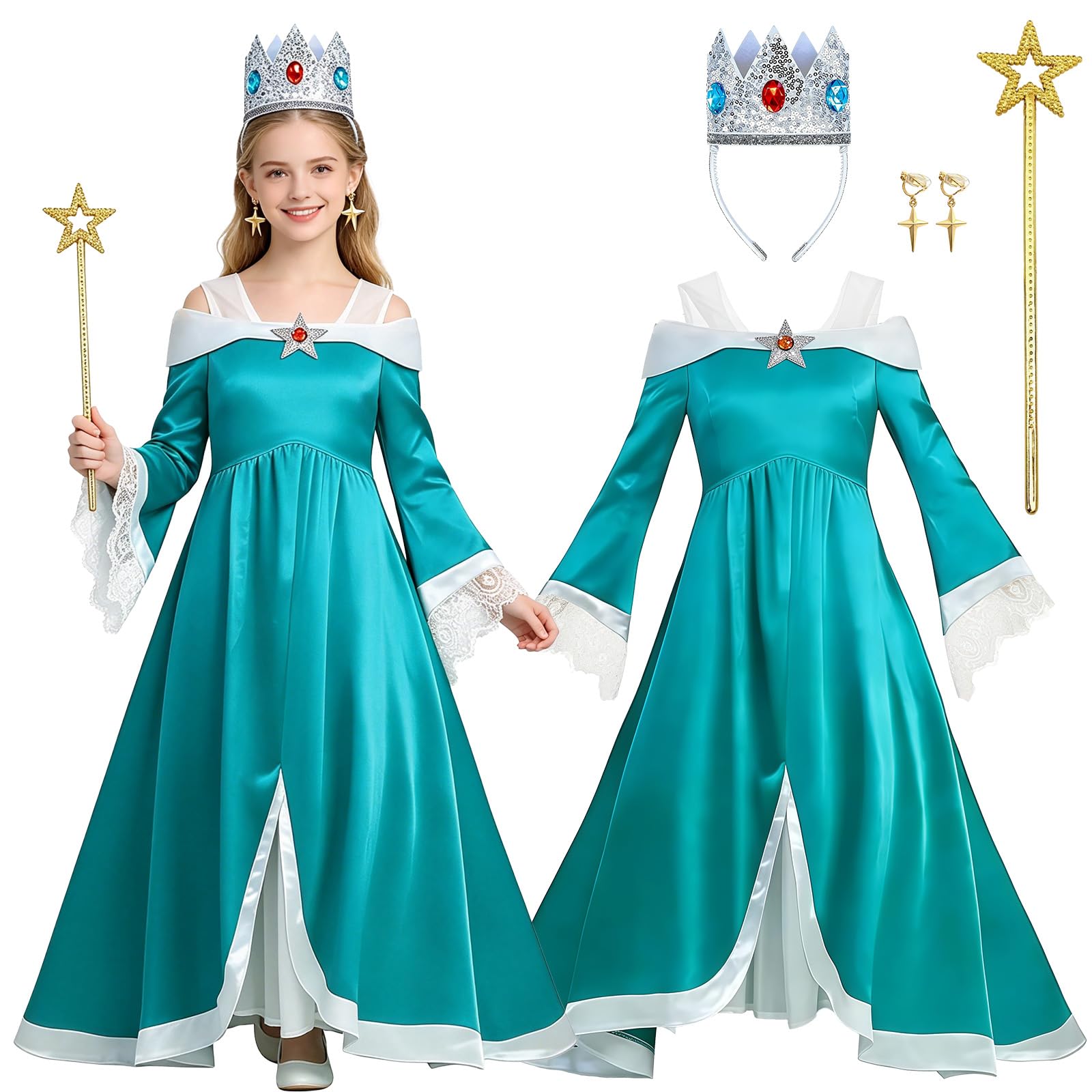 viallolipa Rosalina Princess Costume for Girls, Princess Fancy Dress Up with Earrings Fairy Wand and Crown Fairy Dressing Up Clothes Set for Halloween Carnival Birthday Cosplay