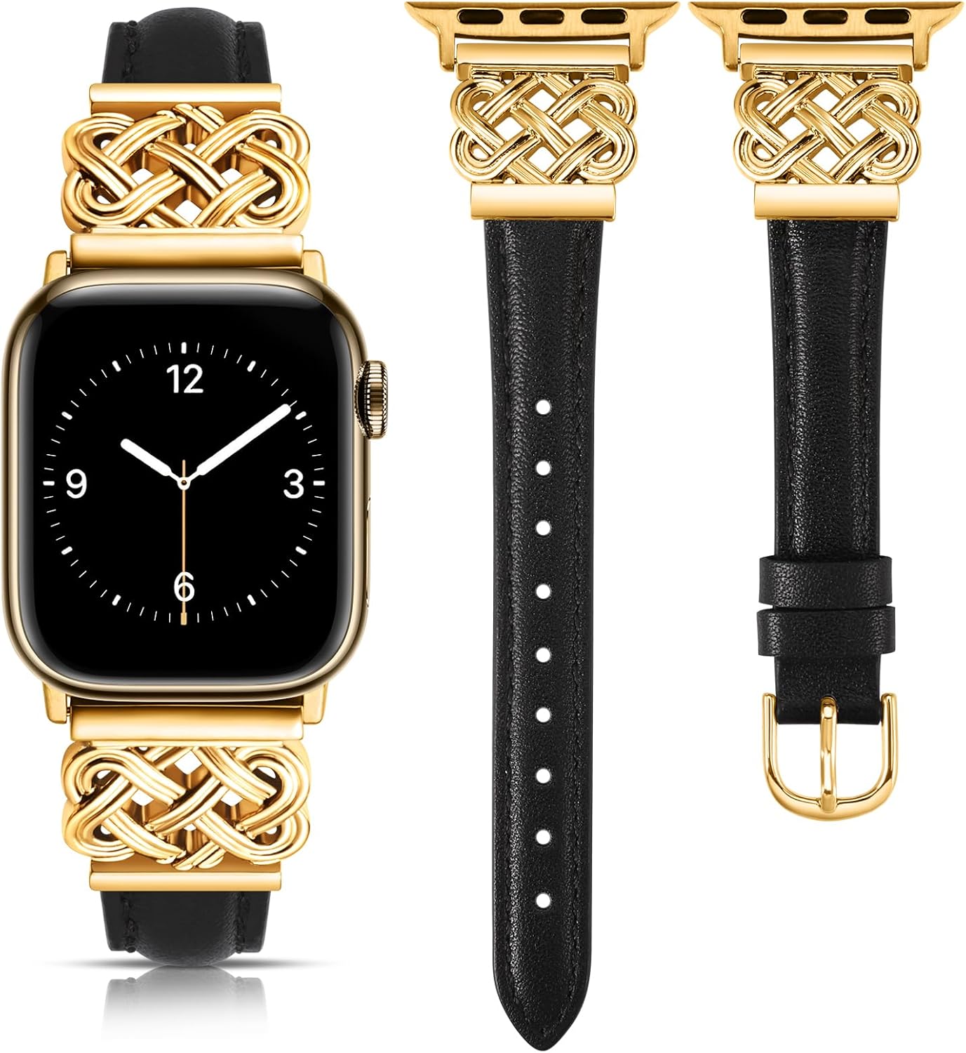 TOYOUTHS Compatible with Apple Watch Bands Women 38/40/41/42mm Dressy Slim Leather Strap with Designer Celtic Knot Interlock Buckle Bracelet for iWatch Series 11 10 9 8 7 6 5 4 SE 3 2 1, Black/Gold