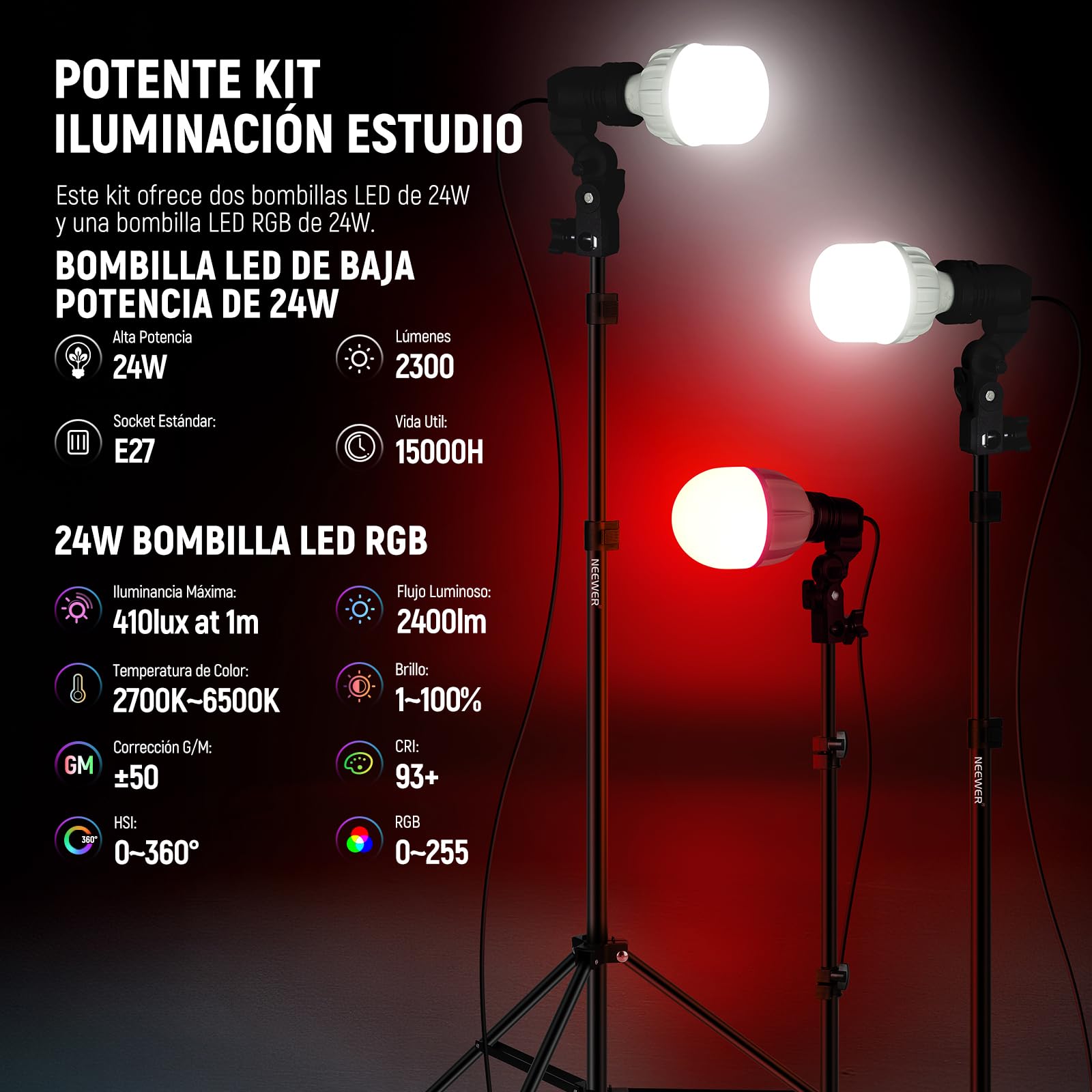 NEEWER Kit de Iluminación Foto Studio de 400W Equivalente Incandescente, 2x Paraguas Negro, 2x Paraguas Blanco, 2x Bombillas LED 24W, 1x Bombilla LED RGB 24W, para Iluminación Fotográfica,NK501