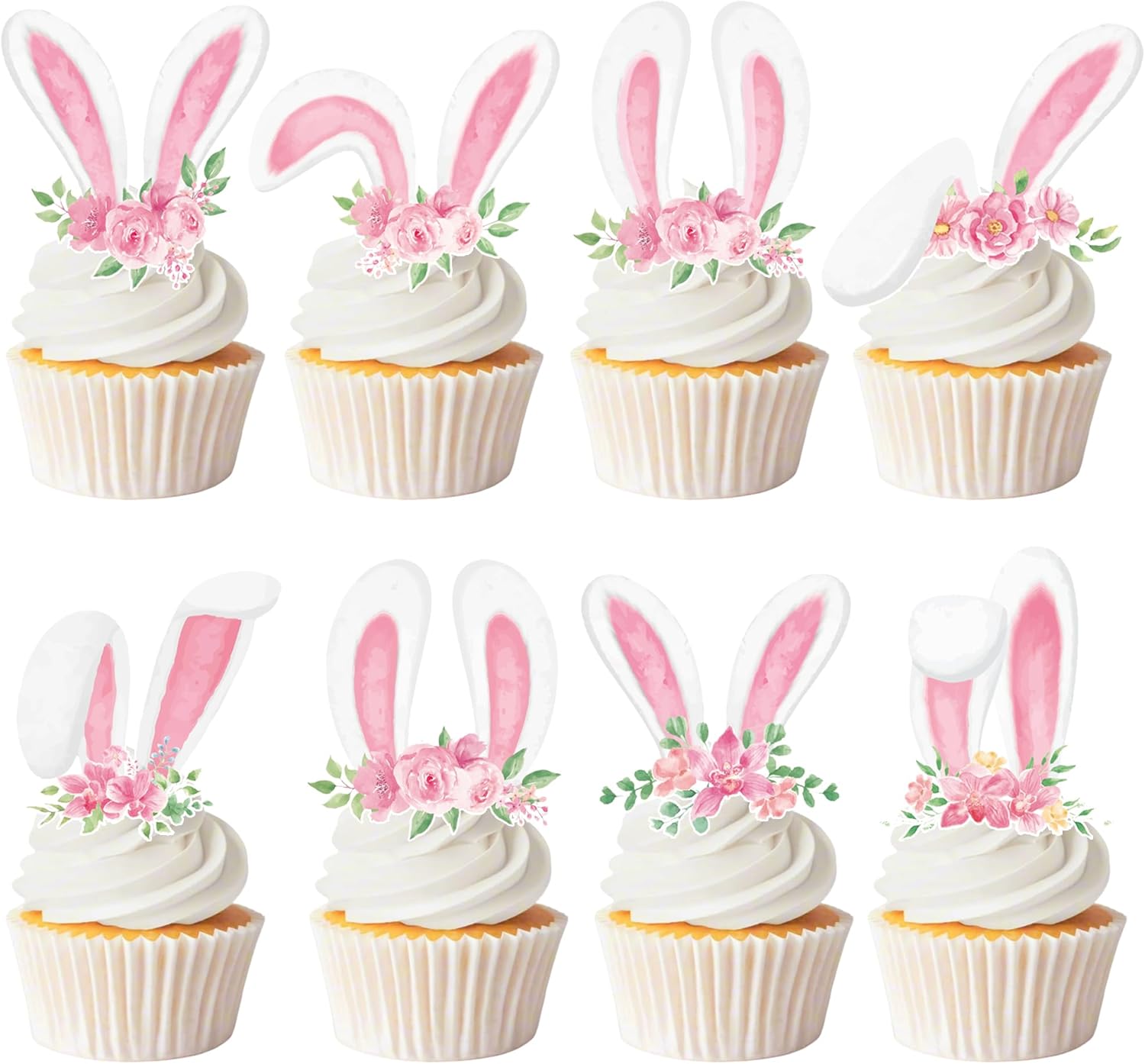 Easter Bunny Ear Cupcake Toppers Easter Party Decorations 48PCS Bunny Ear Cupcake Picks with Floral Rabbit Ears Cake Decorations for Spring Birthday Rabbit Lover Baby Shower Party Supplies