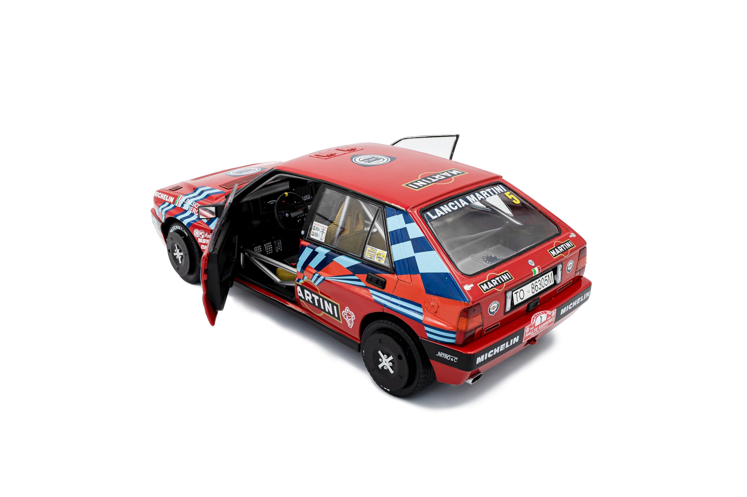Solido Lancia Delta HF Integrale #1 - Veicolo da Rally Leggendario, Numero di partenza, Grafica, Doppio Faro Rotondo, Diecast Modello, Rosso, 1:18