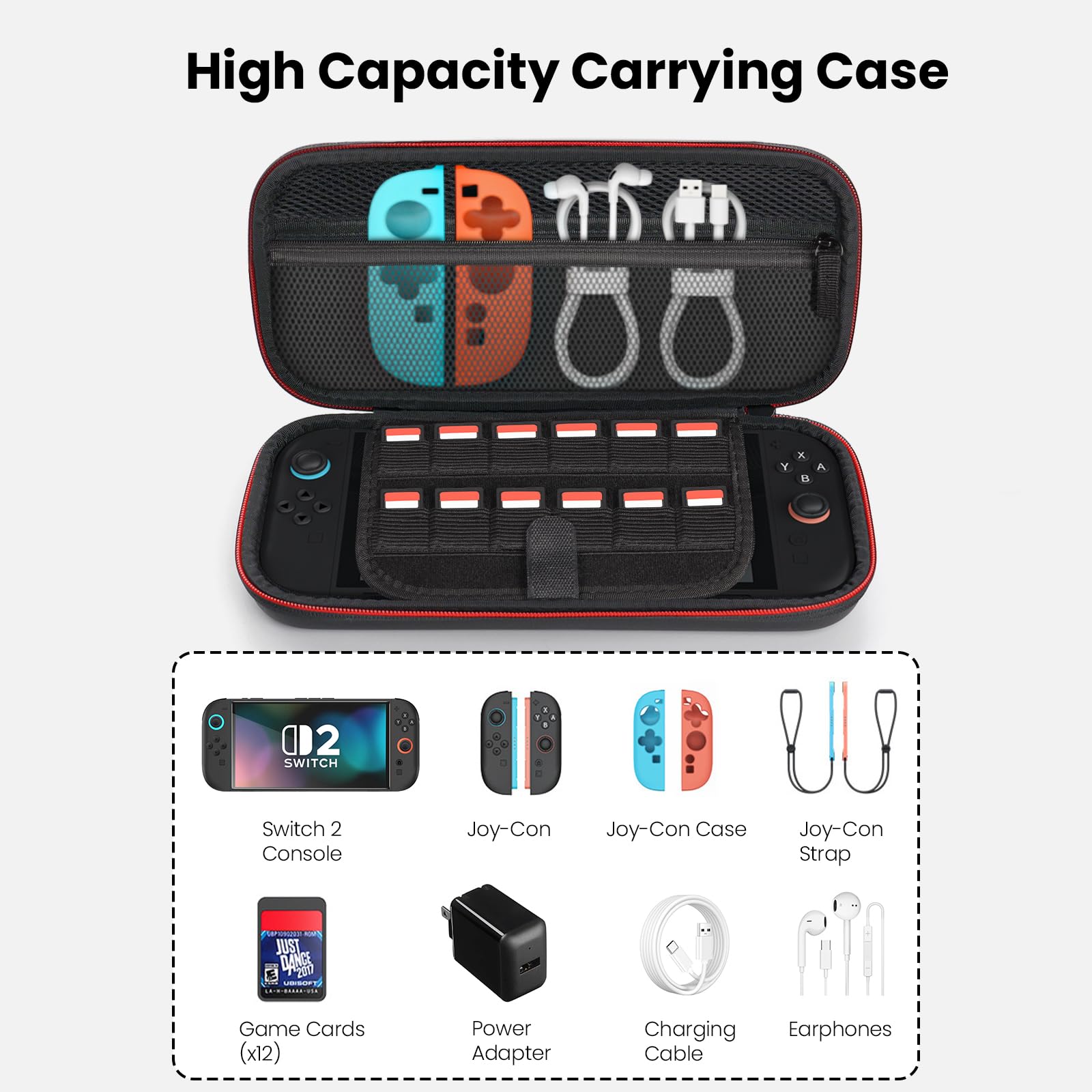 ByDiffer Custodia per Nintendo Switch 2 Accessori Kit 14-in-1 con 2 Pellicole Protettive, 1 Cover Trasparente PC, 6 Cappelli Joystick, 1 Cassa della carta del gioco, 1 Custodia Protettiva, Nero
