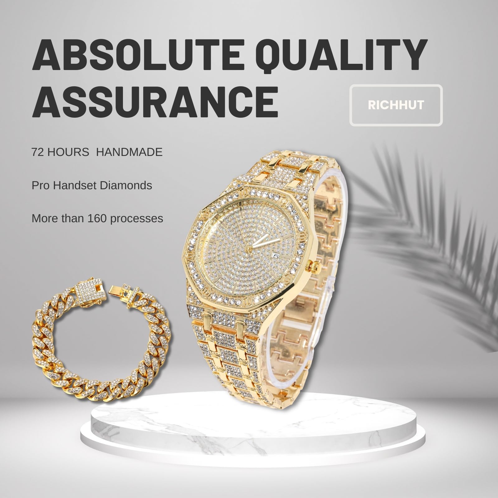 Reloj de diamantes de lujo para niños y adolescentes, chapado en oro real de 18 quilates, correa de esfera octogonal de 38 mm, herramienta de ajuste incluida, opcional con cadena cubana