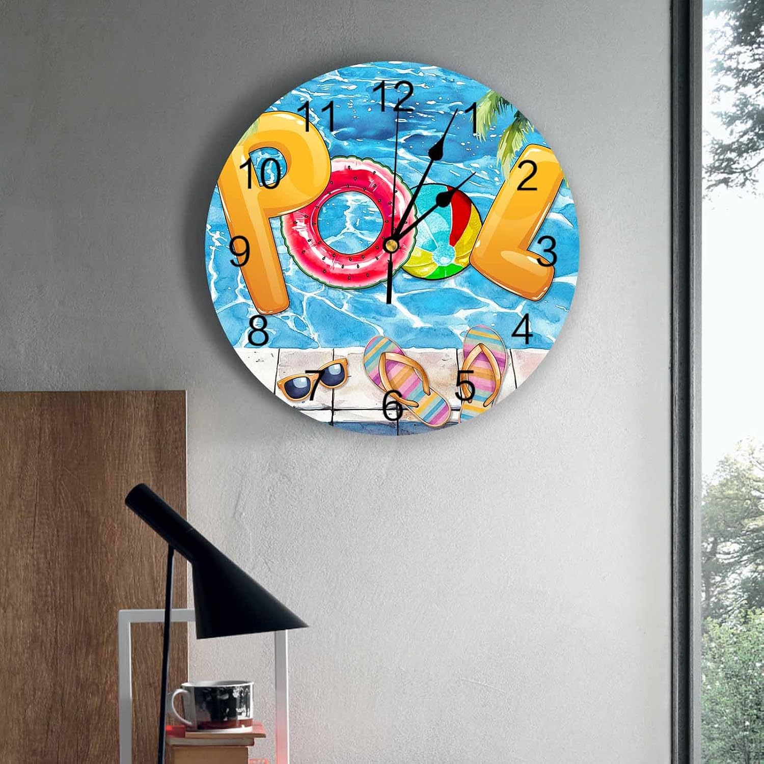 Wall Clock Summer Pool Clocks PVC Silent Non-Ticking Battery Operated Decorative Swimming Ring Flip Flops Round Clock for Home Living Room Kitchen Bedroom Office School Wall Decor 14 Inch