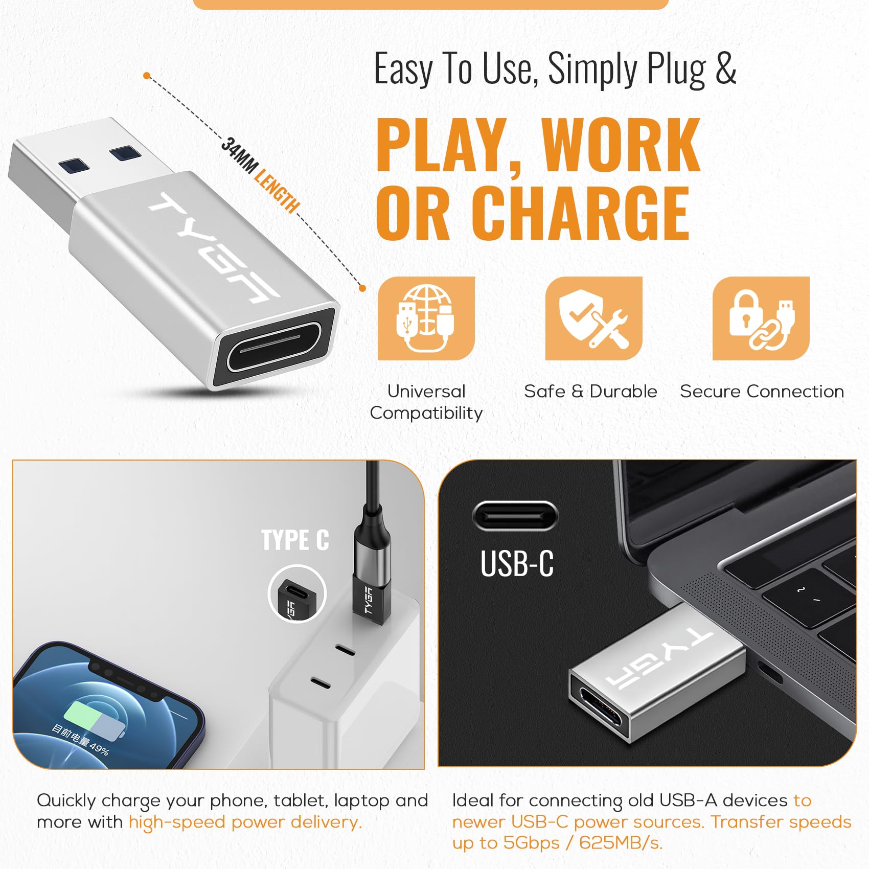 UKLL-USB To USB-C Adapter,Type-C Female To USB-A Male Adapter Compatible With Apple MagSafe Watch 10 9 8 7 Se Ultra Car Iphone 16 15 14 13 12 Mini Pro Max Ipad