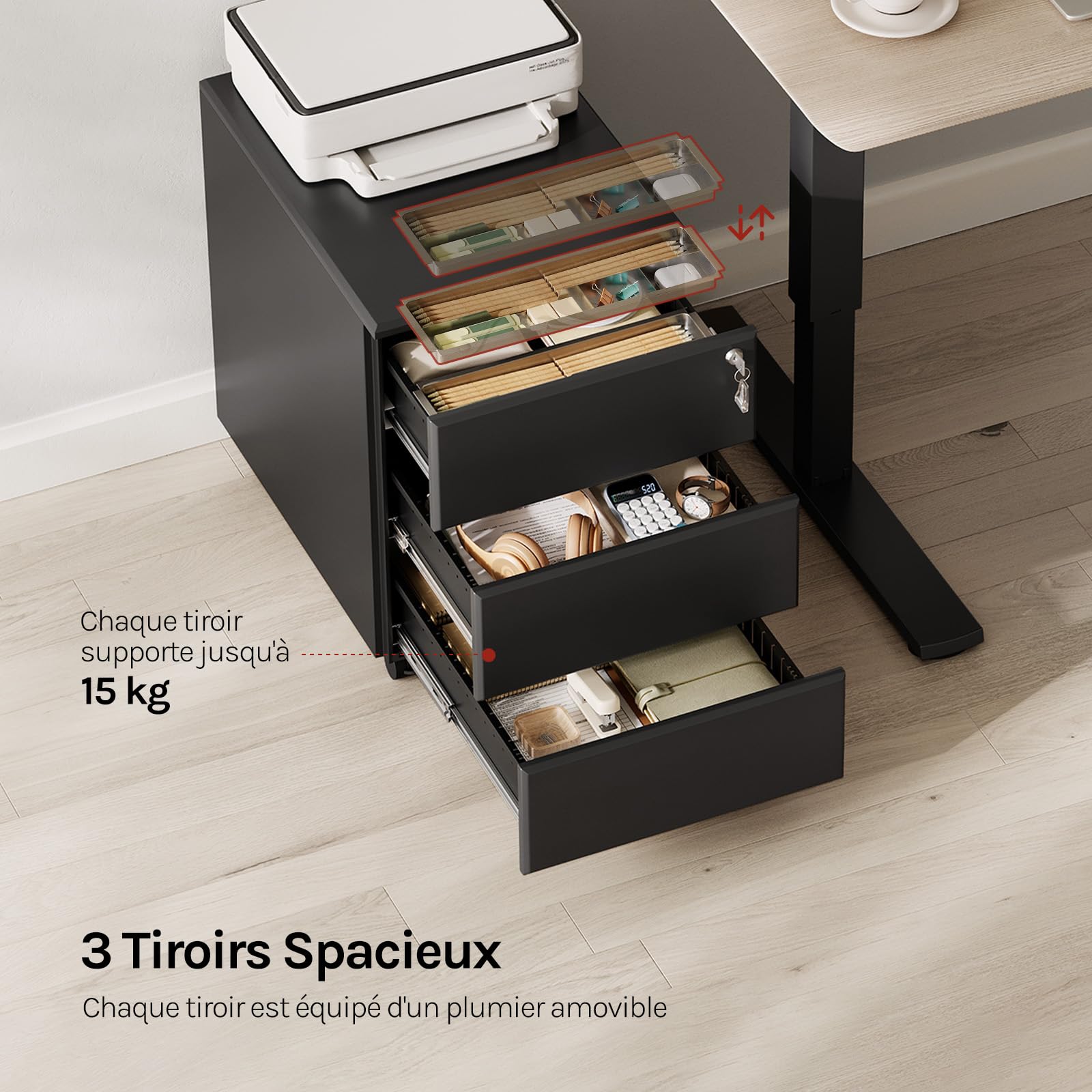 WOLTU Caisson de Bureau, avec Serrures et roulettes, Noir | Caisson de Rangement, pour Bureau Studio, en Métal avec 3 Tiroirs pour Dossiers