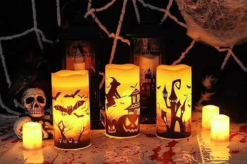 Miniatura 3 de DRomance Velas sin llama que funcionan con pilas con temporizador de 6 horas, calcomanías de Halloween de cera real LED parpadeantes, juego de 3