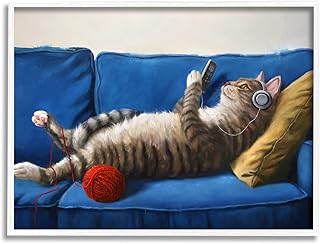 Stupell Industries Cat Couch Relaxing Red Yarn Ball Pet Portrait White Framed Wall Art, 30 x 24, Blue