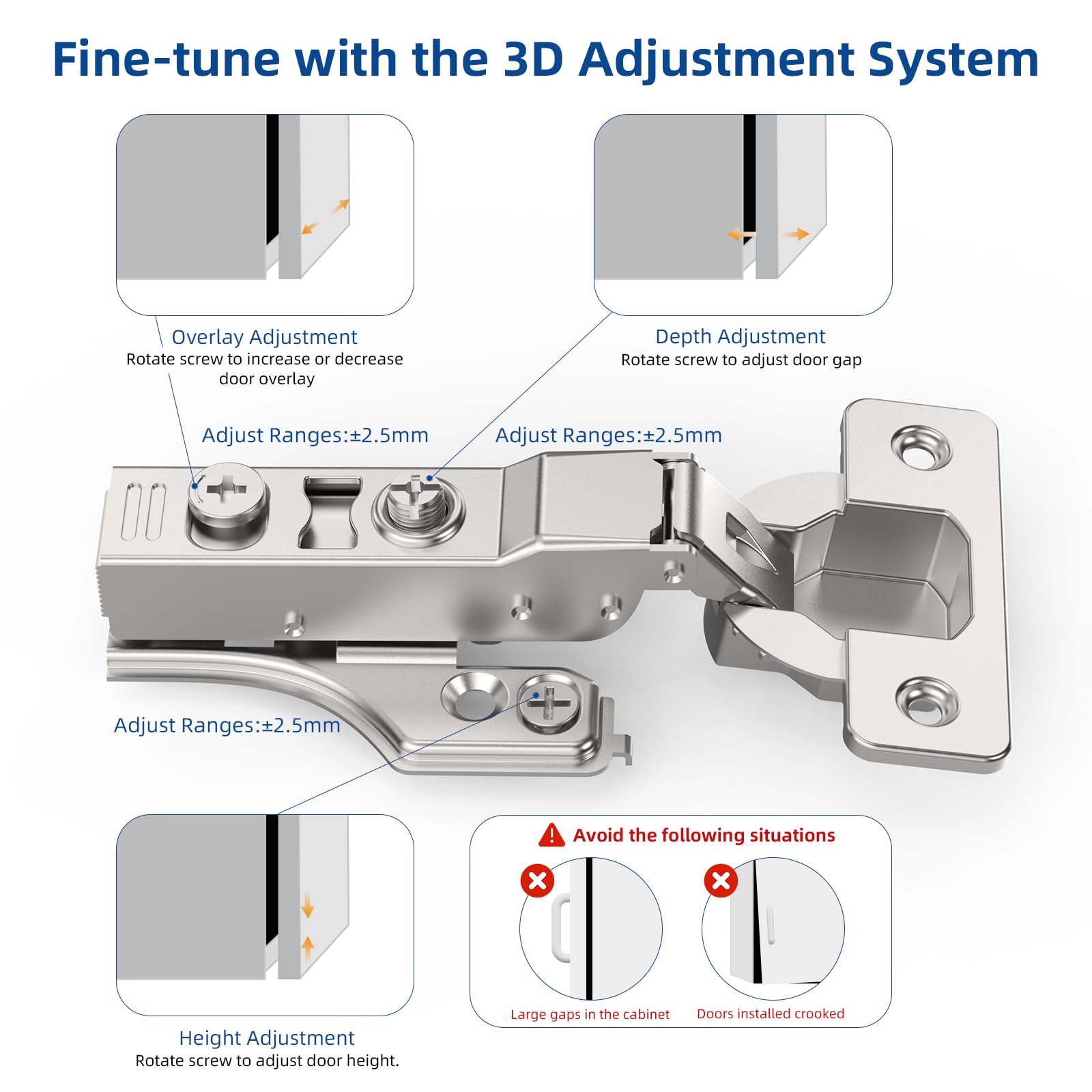 Chibery 30 Stück 0,6 cm Teilüberlagerung sanft schließendes verdecktes Scharnier für Frontrahmen und rahmenlose Tür, 3D-Anpassung, Clip-On-Platte, langsam selbstschließend, verstecktes Satin-Nickel,