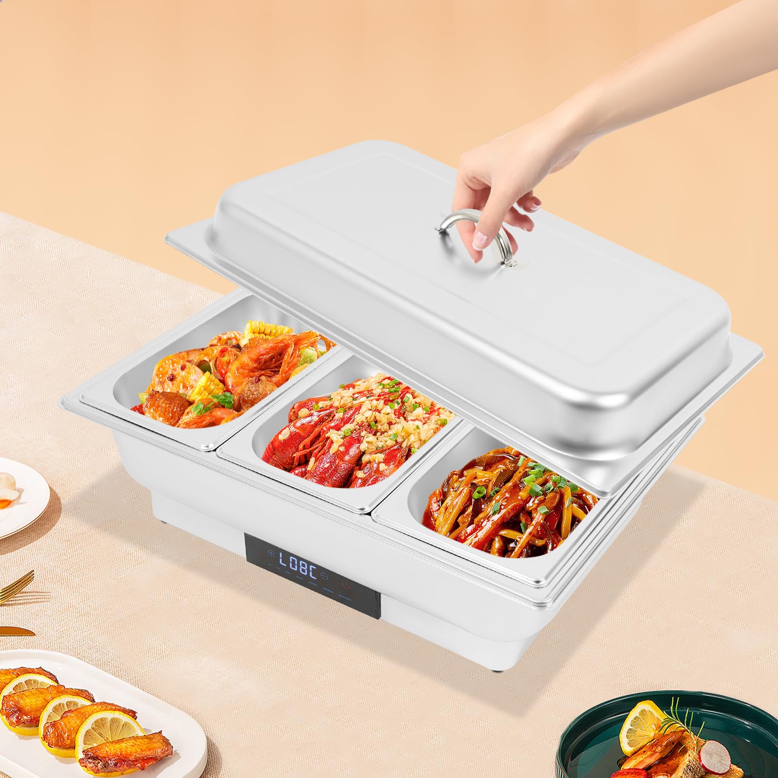Chafing Dish - Scaldalibi elettrico, 9 l, in acciaio inox, 600 W, con coperta, serbatoio di calore da 35 ~ 90 °C, regolazione della temperatura (3 scomparti)
