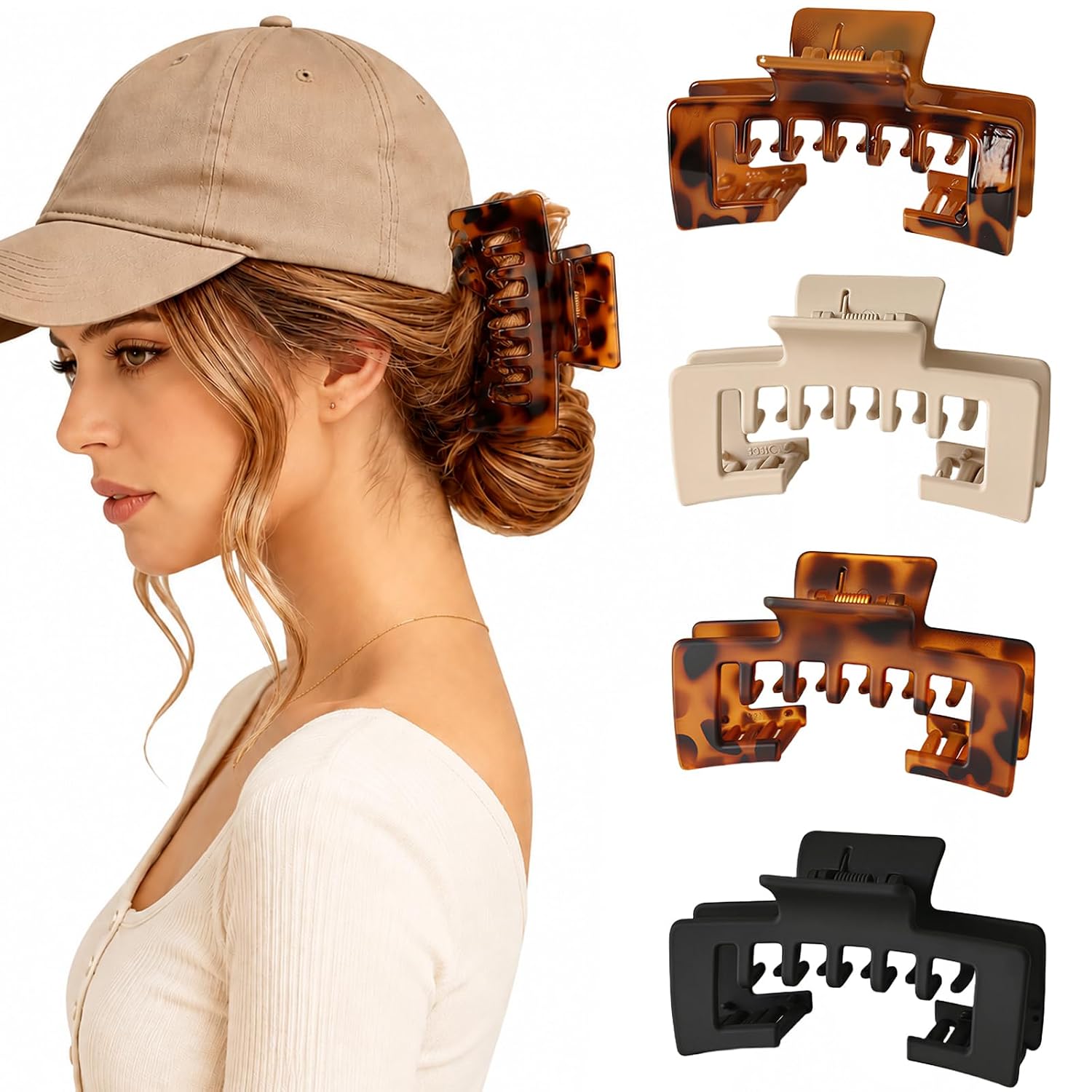 4 Pcs Large Hat Claw Clips for Baseball Caps,4.1" Non-Slip Strong Hold Hair Clips for Women & Girls,Hat-Friendly Claw Clips for Thick Hair and Trucker Hat Hairstyles