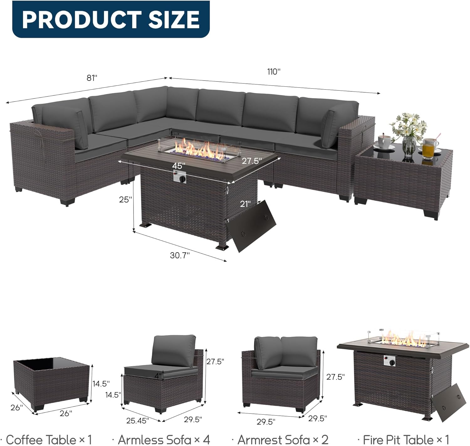 Patio Furniture Set with Fire Pit Table 8 Pieces Outdoor Sectional Sofa Set,PE Rattan Wicker Patio Conversation Set w/43in 55000 BTU Propane Fire Pit Table,Grey
