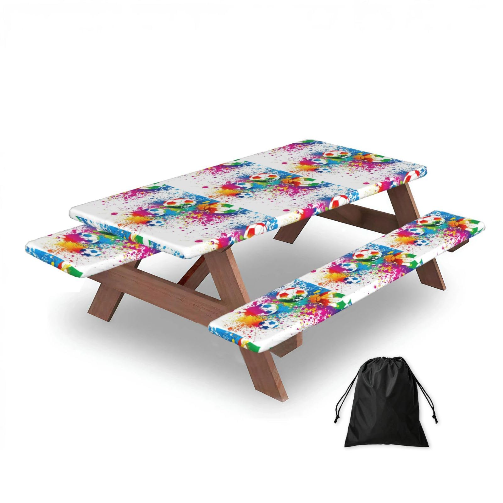 Colored Splashes All Over The Soccer, Picnic Table Cover With Bench Covers -Waterproof Elastic Fitted Tablecloth for Garden Camping Patio 76x152cm