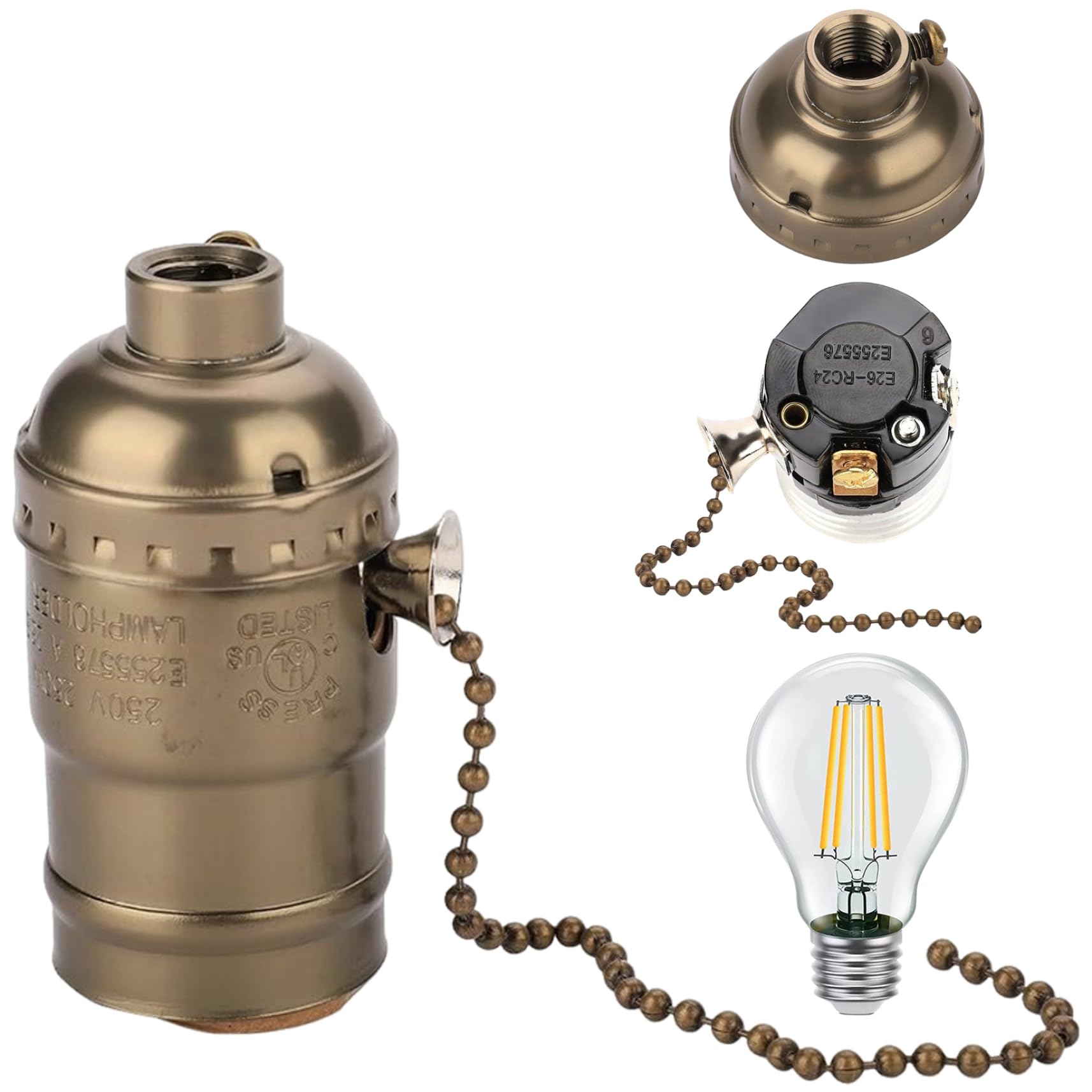 Hperu Pull Chain Light Socket Screw Thread Lamp Socket with Pull Chain Vintage Metal Lamp Holder for E26 E27 Light Bulbs Bronze