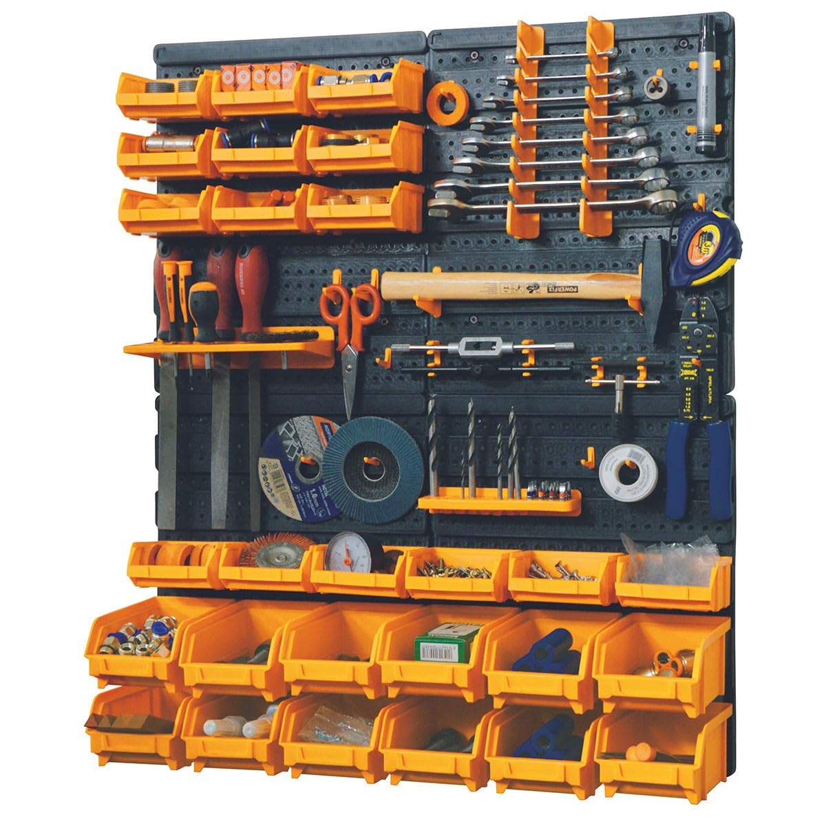 INTEC - Pannello a parete porta attrezzi completo (66 x 78 cm): 4 pannelli perforati, 27 contenitori (piccoli/grandi) e 38 ganci per un laboratorio organizzato