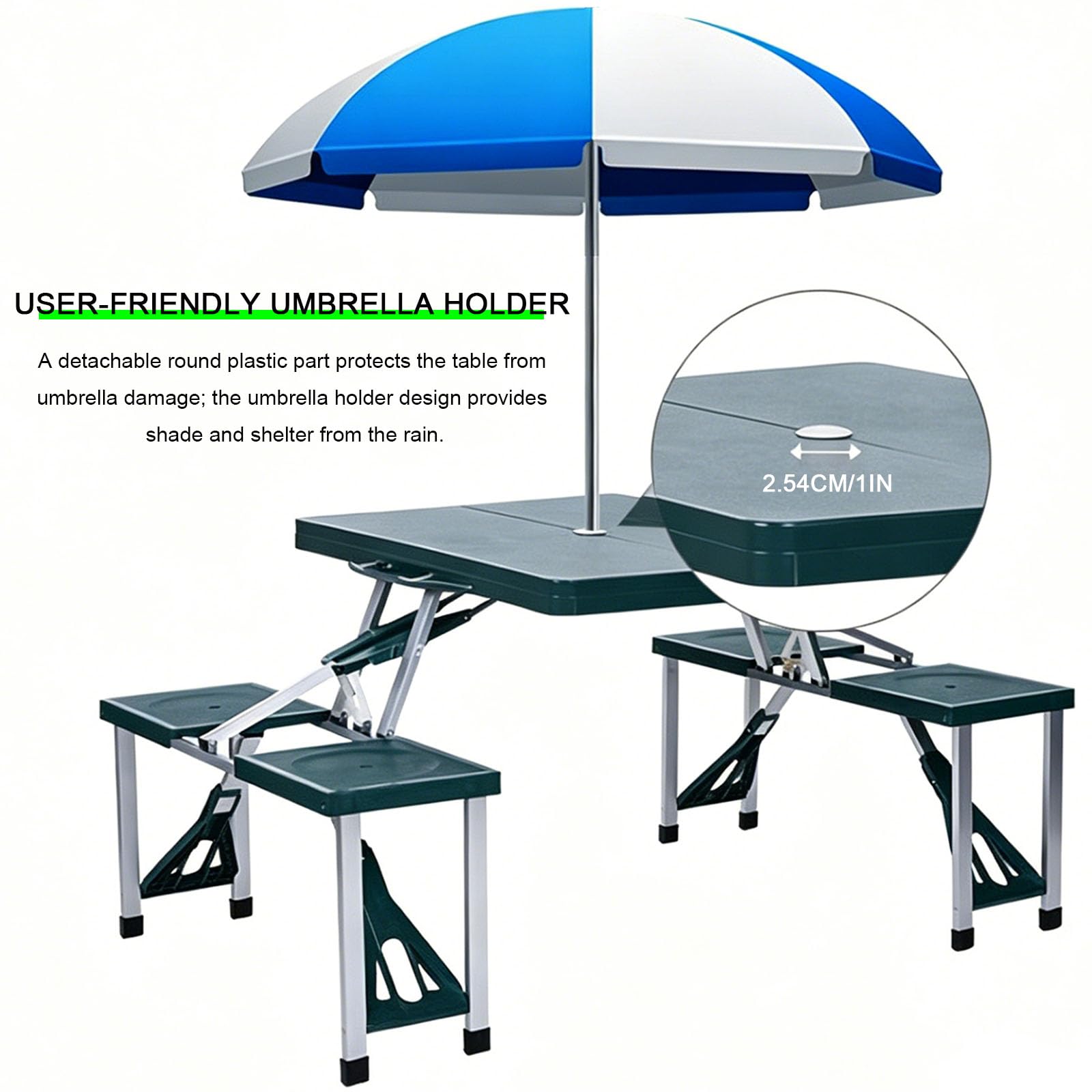 Ensemble Table et Chaises Pliantes Camping, Set de Table de Pique-Nique avec Chaises Intégrées, Pliable en Valise, avec Trou pour Parasol, pour Extérieur Jardin Plage,Bleu