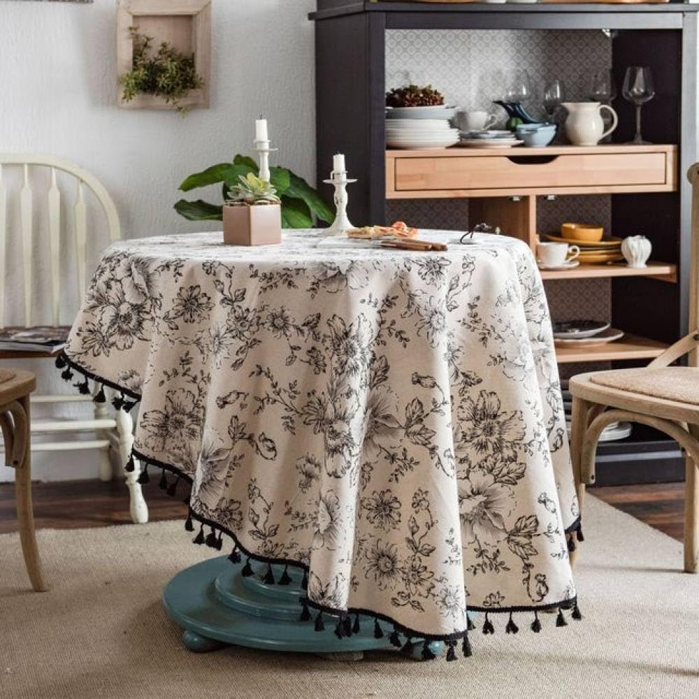 Nappe ronde en coton-lin motif rose bleue 150 cm pour décoration de table