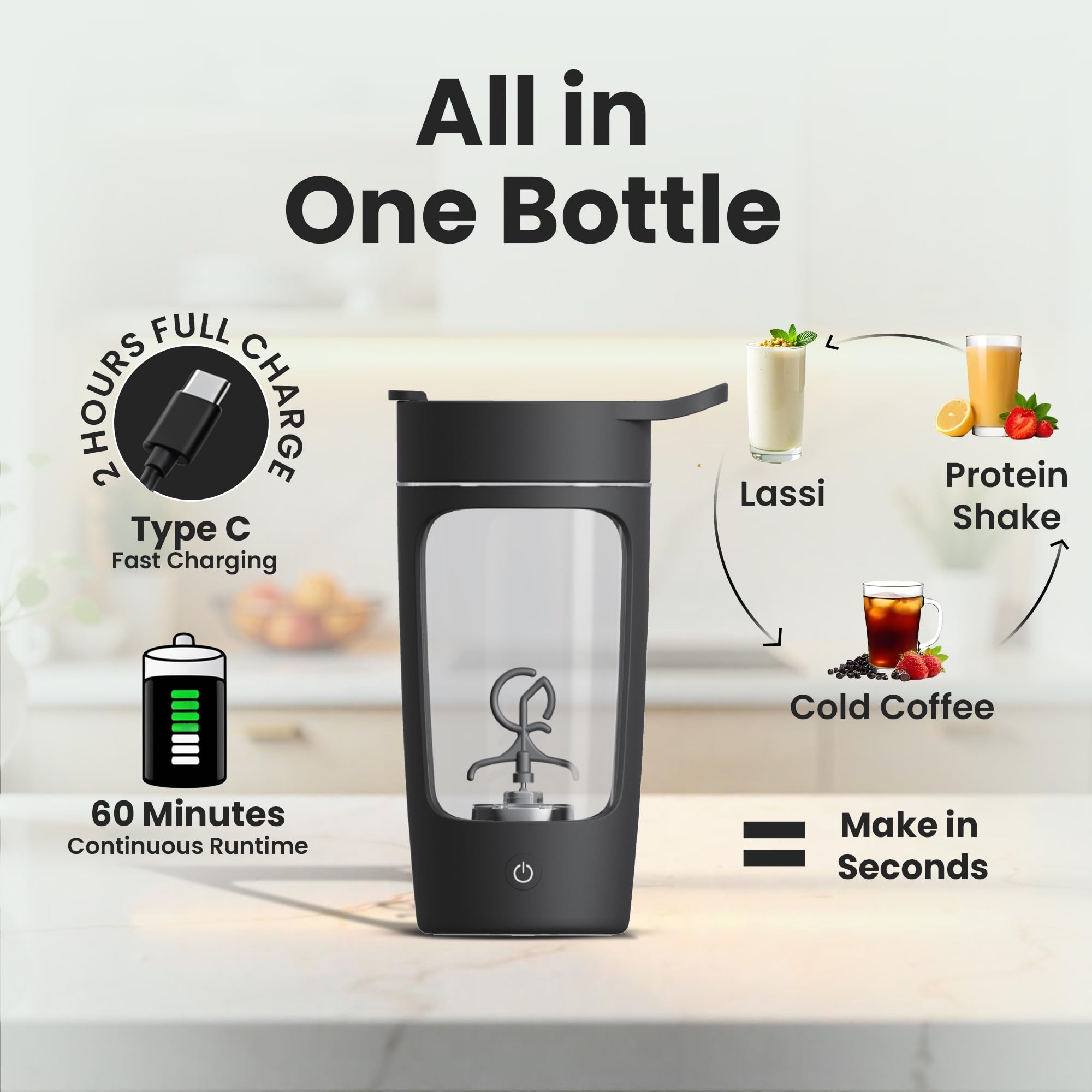 Autofy Shaker électrique pour salle de sport, shaker de protéines, design 100 % étanche, utilisation polyvalente, pour café, lassi, milkshake, BCAA, utilisation à domicile, bureau, entraînement * 60