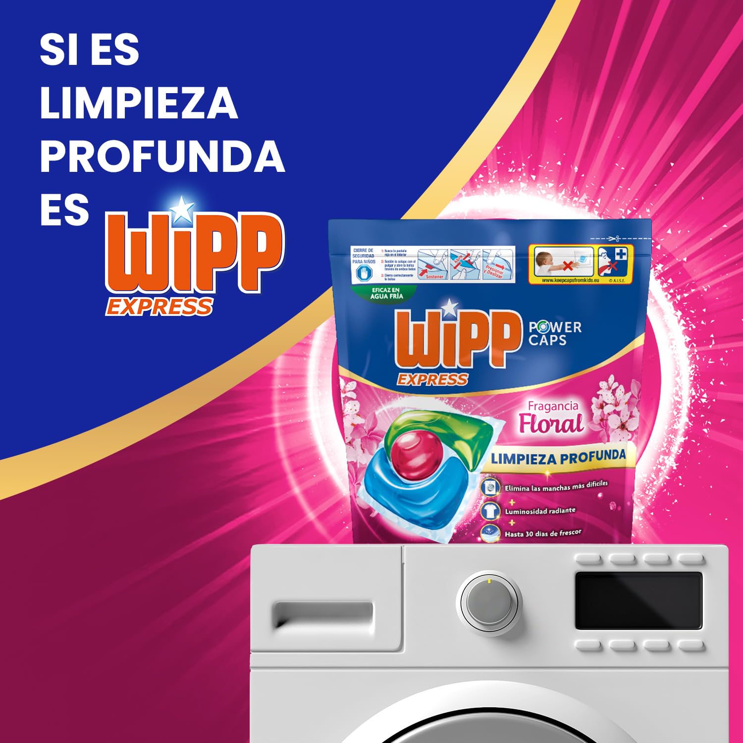 Wipp Express Power Caps Detergente Floral en Cápsulas para Lavadora, Pack de 5, Total 165 Dosis, Limpieza Profunda, Eficaz en Agua Fría