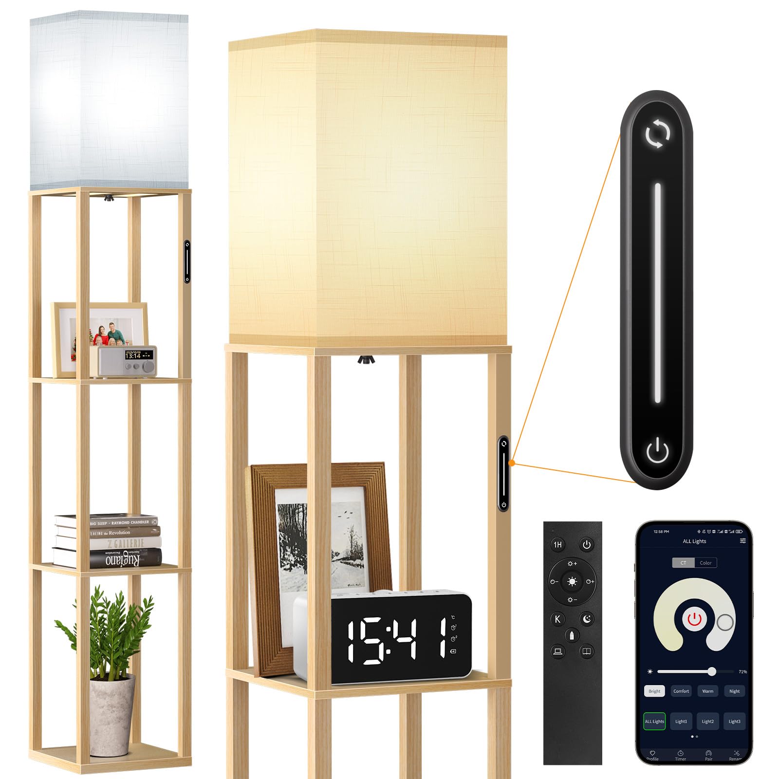 OUTON lampara de pie con Estante Dimmerabile, Lámpara de pie madera con 4 Temperaturas de Color y 1H Temporizador, Control Remoto,APP y Control Tactil, lampara para Salón,Dormitorio y Oficina(Madera)