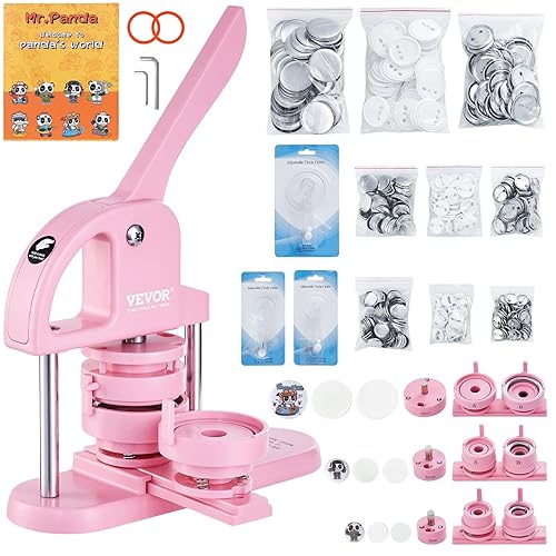 VEVOR 3-in-1 Button Maker - 25/32/58mm (1/1.25/2.25 inch) with 300pcs Parts, Ergonomic Arc Handle Punch, Pin Maker, DIY Gift, Pink - Pink 3 in 1 + 100 pcs