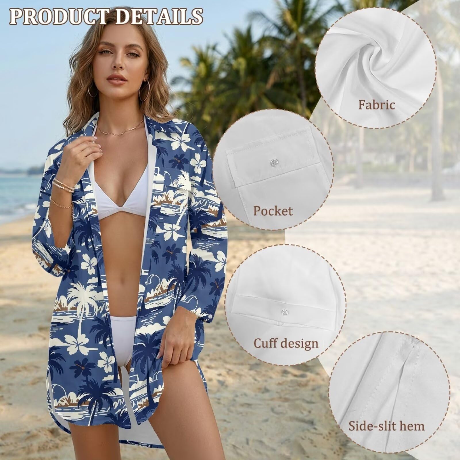Xoenoiee Damski strój kąpielowy okrycie zapinane na guziki koszula plażowa z długim rękawem długa sukienka bikini okrycie bluzka, rozmiar S-3XL