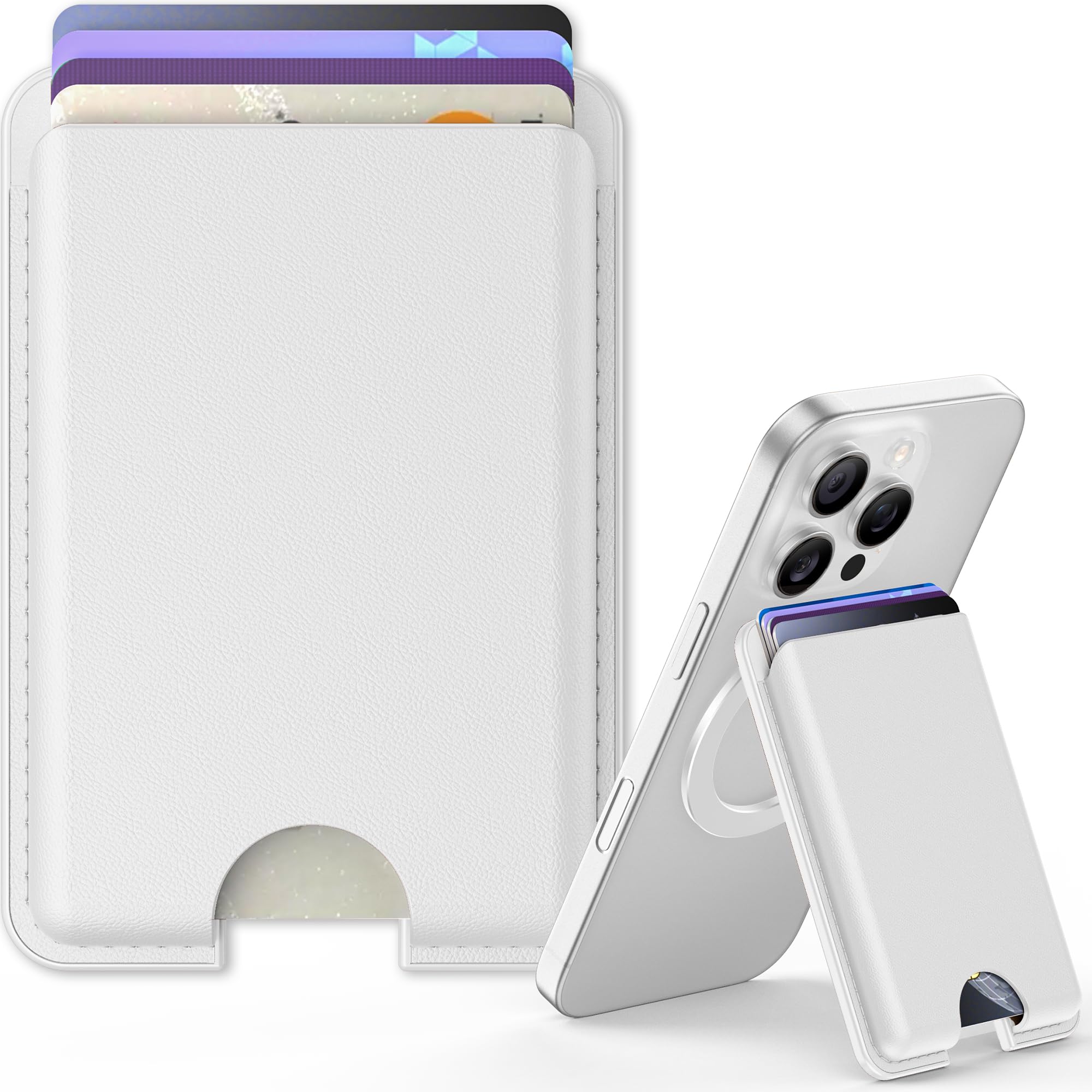GONEZ for MagSafe Wallet with Stand, Stronger Magnetic Card Holder for iPhone 16/15/14/13/12 Series, Premium Leather Phone Wallet with RFID Blocking, 1 Slot, Fit 3 or 4 Cards, Black, White, Pure-image-44