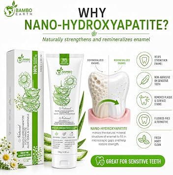Natural Fluoride Free Toothpaste - Nano Hydroxyapatite, Remineralizing, Sensitive Teeth, Whitening & Zero Waste Tube - Dentist Recommended for Adult & Kids Oral Aloe Vera & Chamomile (Single, Aloe)
