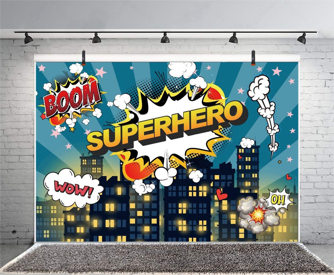 Yeele Tło małego superbohatera, komiks, miasto, noc, scena, budynek, tło do fotografii, chłopca, dziewczynki, dzieci, urodziny, baby shower, przyjęcie, baner, fotobudka, YouTube, rekwizyty do studia