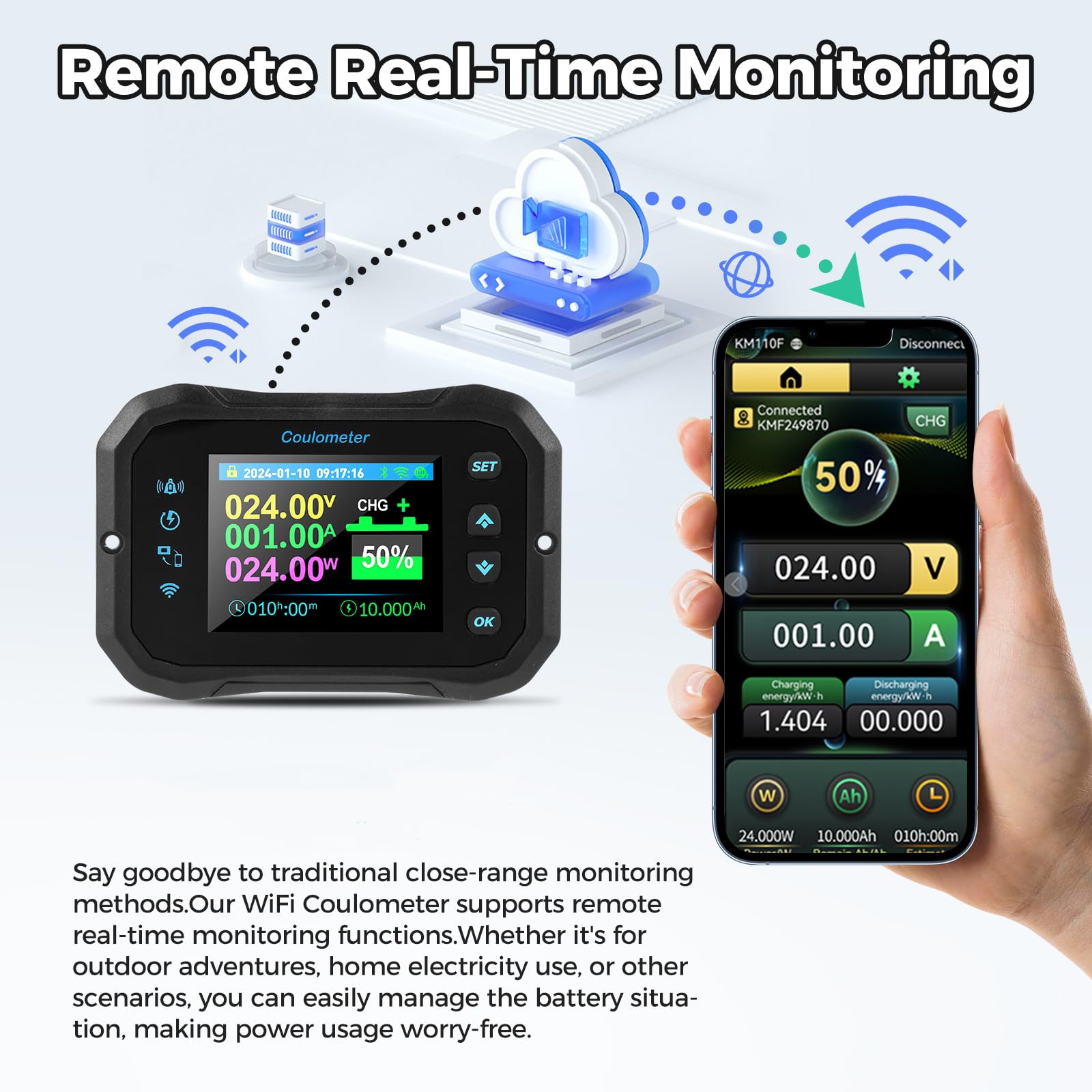 Batteria Capacità Monitor 100A 12V 24V 36V 48V 60V 72V Battery Meter Multifunzione monitor per batterie Display LCD WIFI da 10–100V con Allarme del sensore di temperatura.