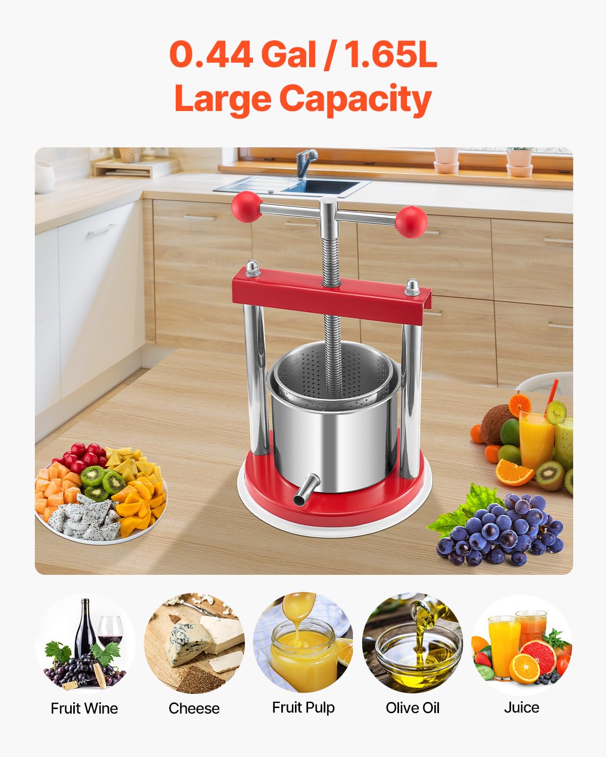 VEVOR Pressa Manuale per Vino di Frutta Cesto in Acciaio Inox 1,65L con Manico, Spremiagrumi Manuale per Bevande Alcoliche Pressa per Sidro, Mela, UVA, Tintura, Miele, Olio d'Oliva Cucina, Casa
