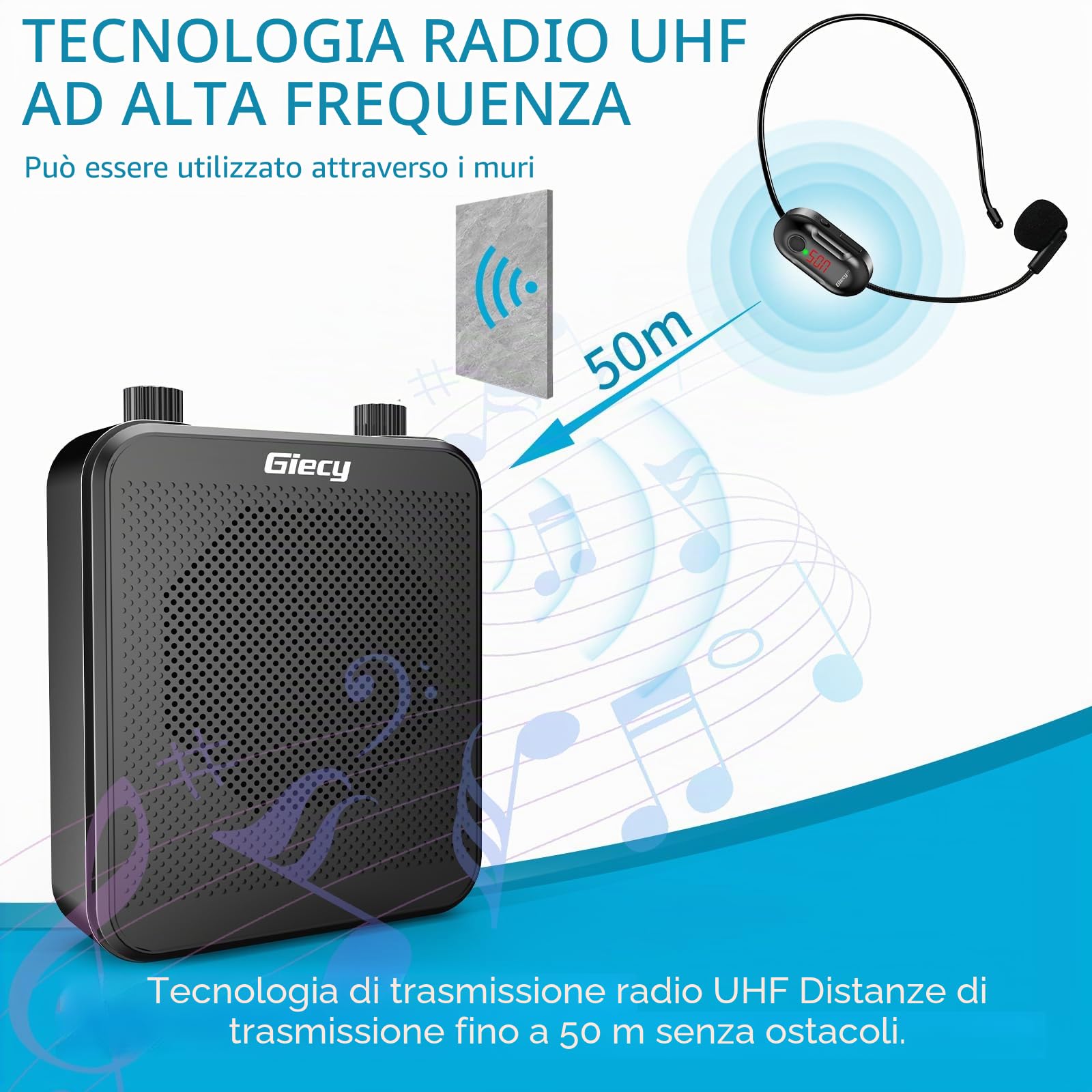 Amplificatore vocale portatile Microfono UHF senza fili con batteria da 2800 mAh, lettore MP3/TF/USB, radio FM e registratore per insegnanti, gite, eventi