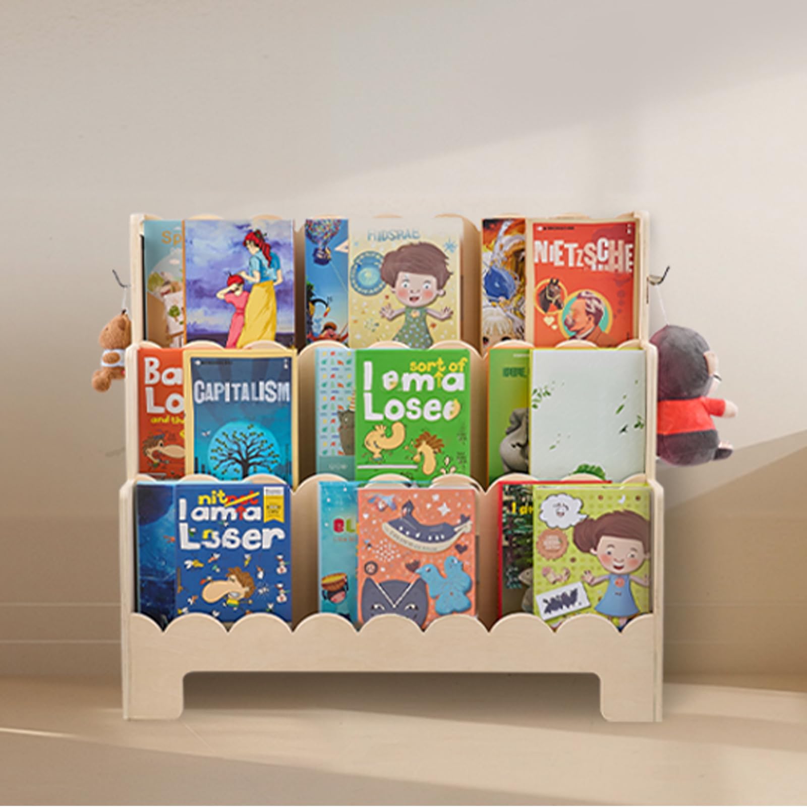 VEVOR Étagère à Livres pour Tout-Petits orientée vers l'avant, bibliothèque festonnée pour Enfants à 3 Niveaux avec 2 Crochets pour Suspendre Les Sacs à Dos, pour Chambre d'enfants, Salon, crèche