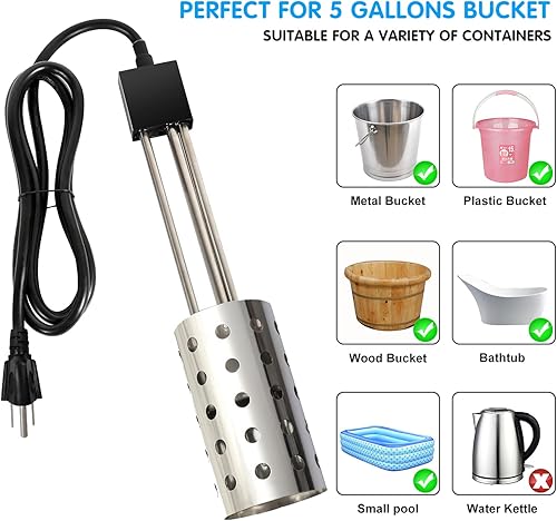 Miniatura 6 de GESAIL Calentador de inmersión eléctrico de 1500 W, calentador de agua con protección de acero inoxidable 304, calentador de cubo sumergible con