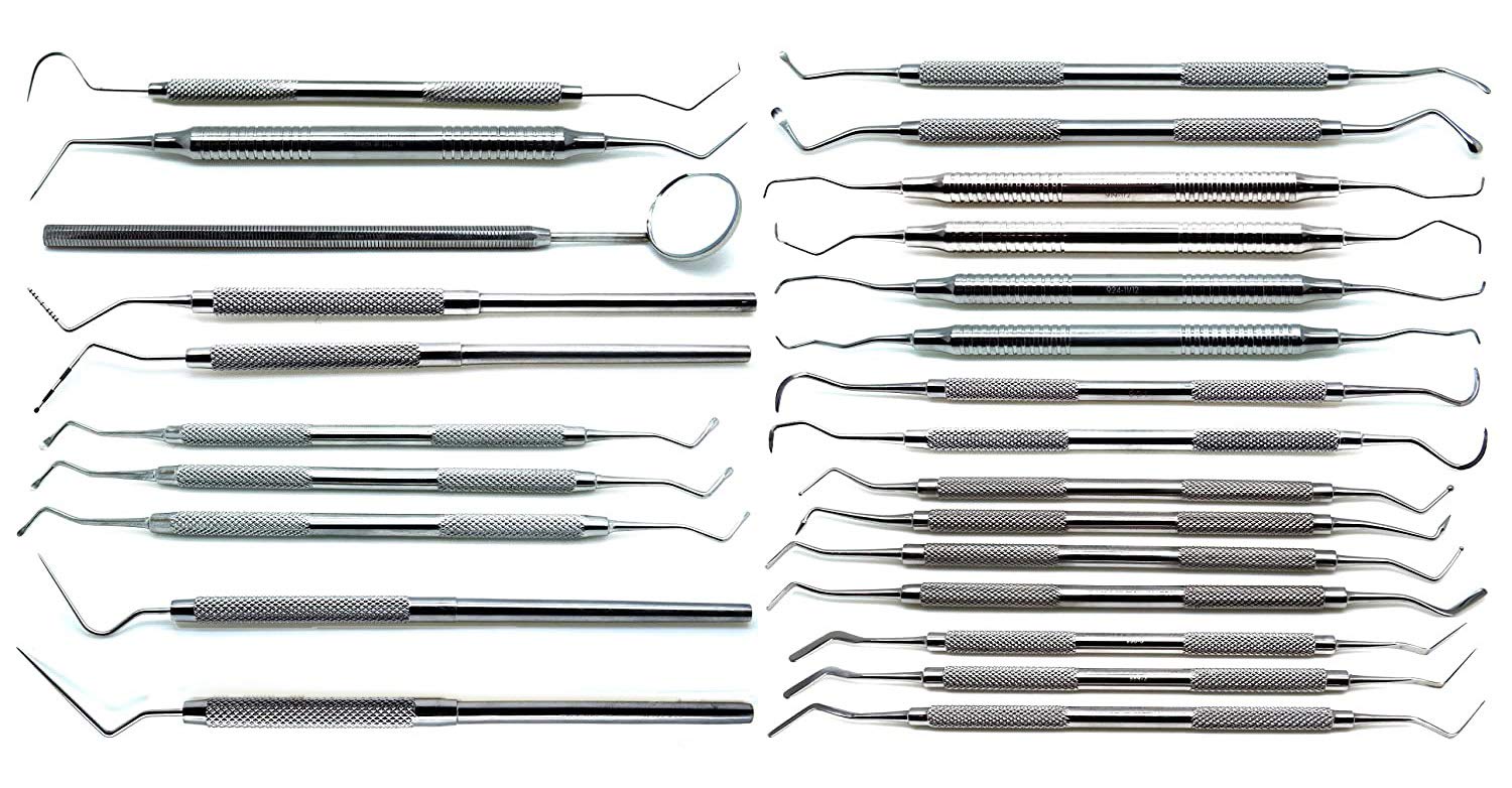 25 Pcs Premium Dental Professional Basic Set Explorers Probes Excavators Spreaders Curettes Scalers Mirror Filling Instruments