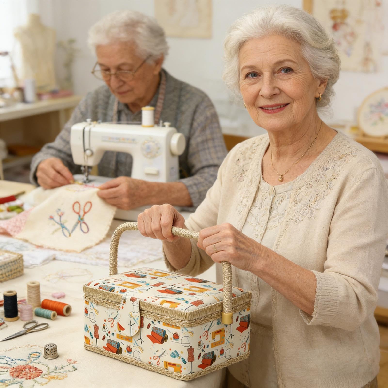 Cesta De Costura con Bandeja Extraíble y Compartimentos de Almacenamiento | Organizador De Almacenamiento Para Kit De Costura para Hilos Agujeras y Labores de Tejer para Mujeres Adultas
